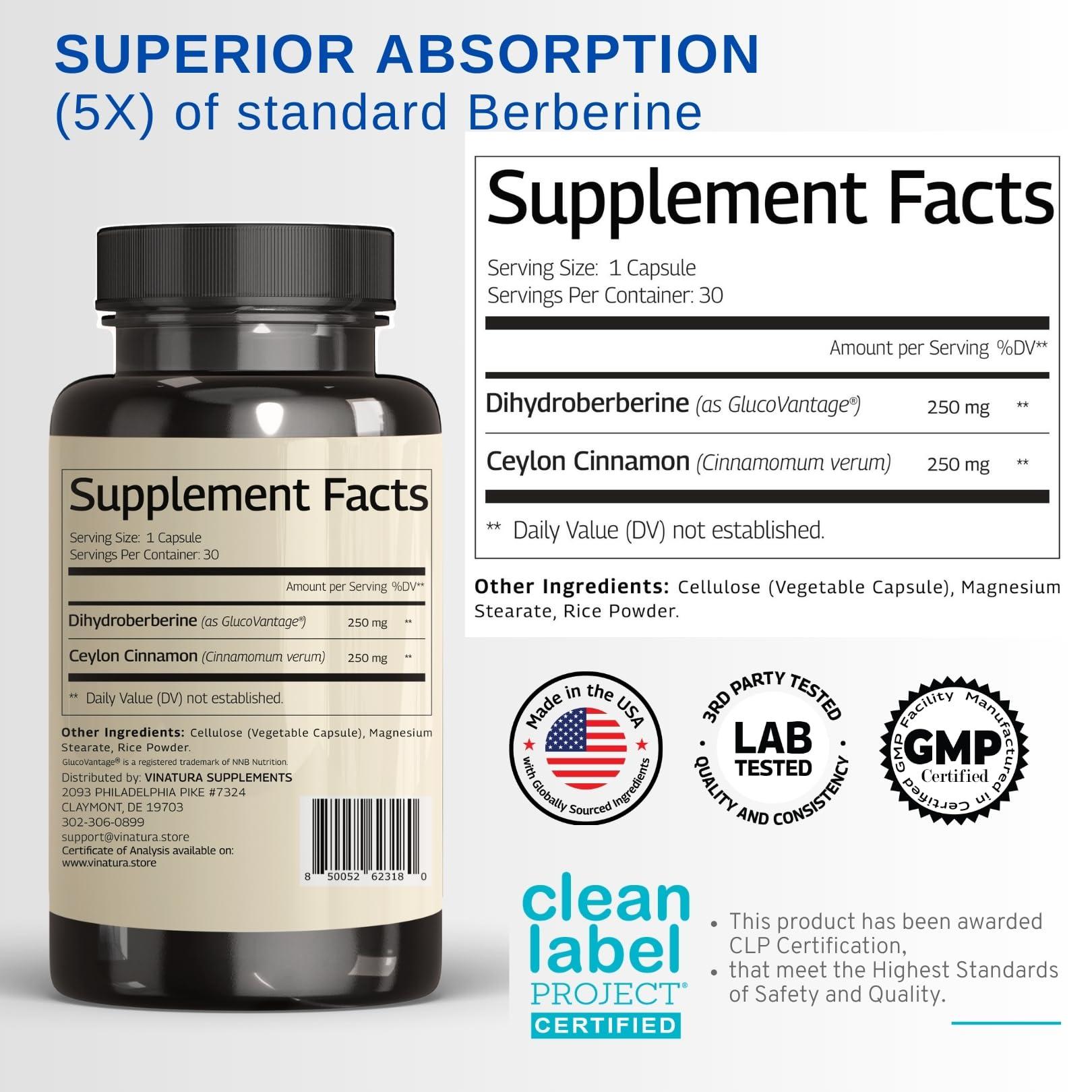 VINATURA VINATURA Dihydroberberine Supplement 500mg with Ceylon Cinnamon - (Patented GlucoVantage Super Berberine), Maybe Berberine 5X More absorbable - 30 Capsules