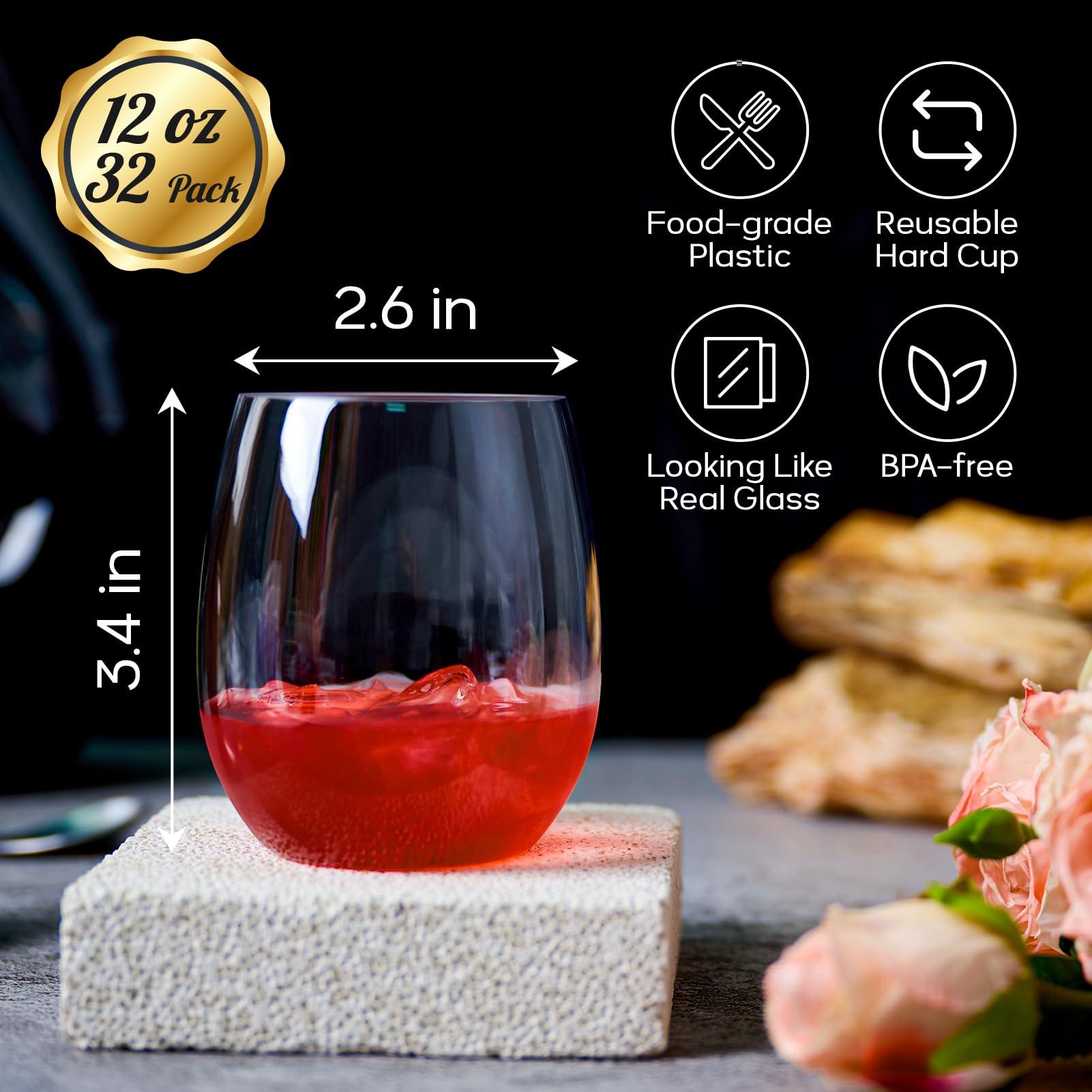 FOCUSLINE FOCUSLINE 32 Pack Plastic Wine Glasses Stemless, 12 Oz Crystal Clear Disposable Wine Cups, Reusable Plastic Wine Glasses for Parties Weddings, Shatterproof Recyclable and BPA-Free