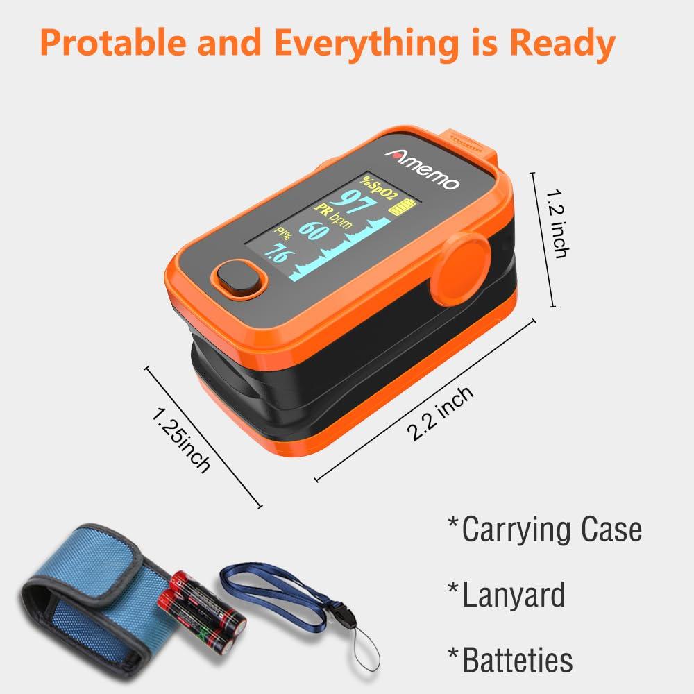 Amemo Pulse Oximeter,OLED Display Oxygen Monitor Fingertip,Blood Oxygen Saturation Monitor(SpO2) with Carrying Case,Silicone Cover (Orange)