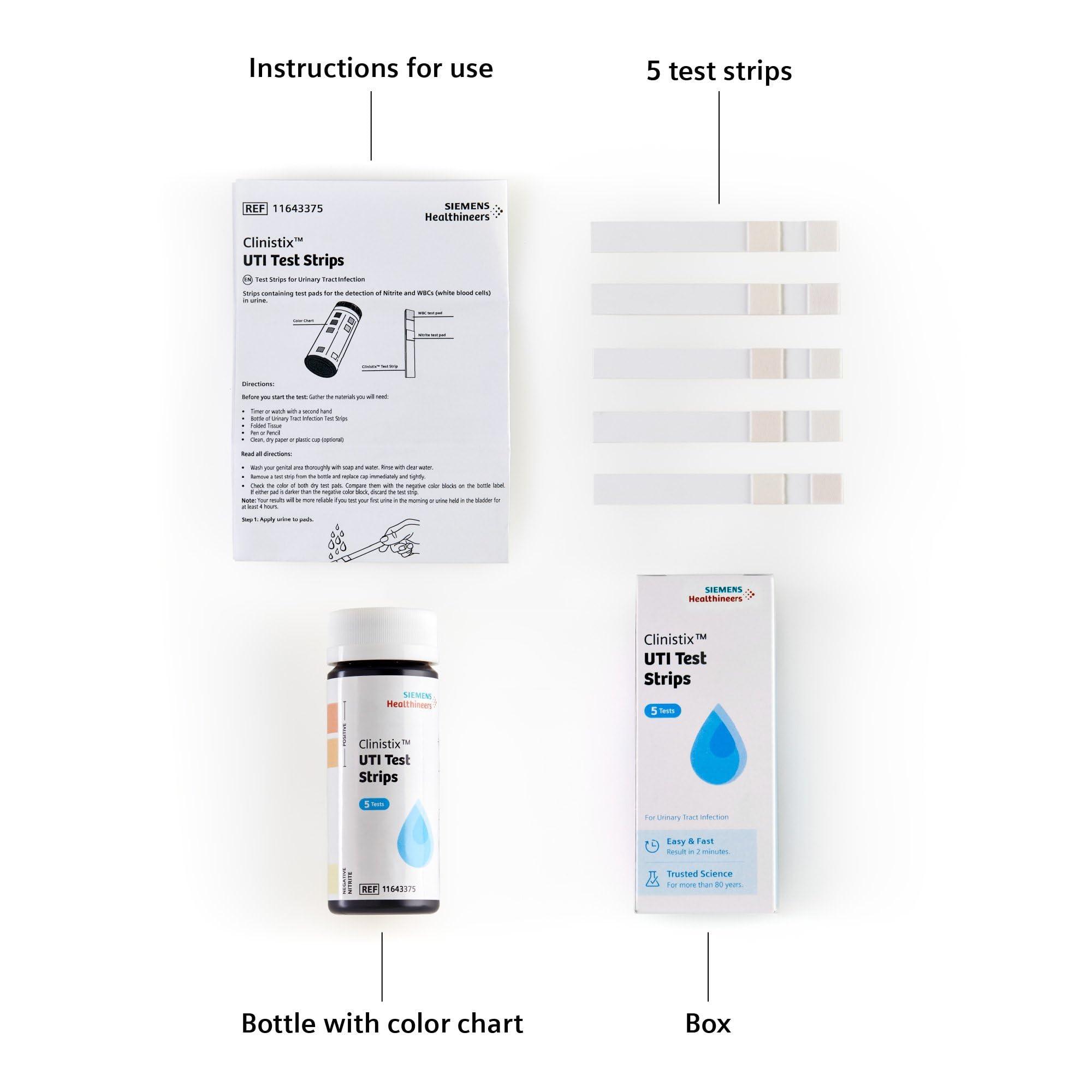 SIEMENS Clinistix UTI Urine Test Strips - Easy-to-Use At-Home Urinary Tract Infection Dipstick Testing for Nitrite and Leukocytes, 2-Minute Results, 5 Tests, 24 Count