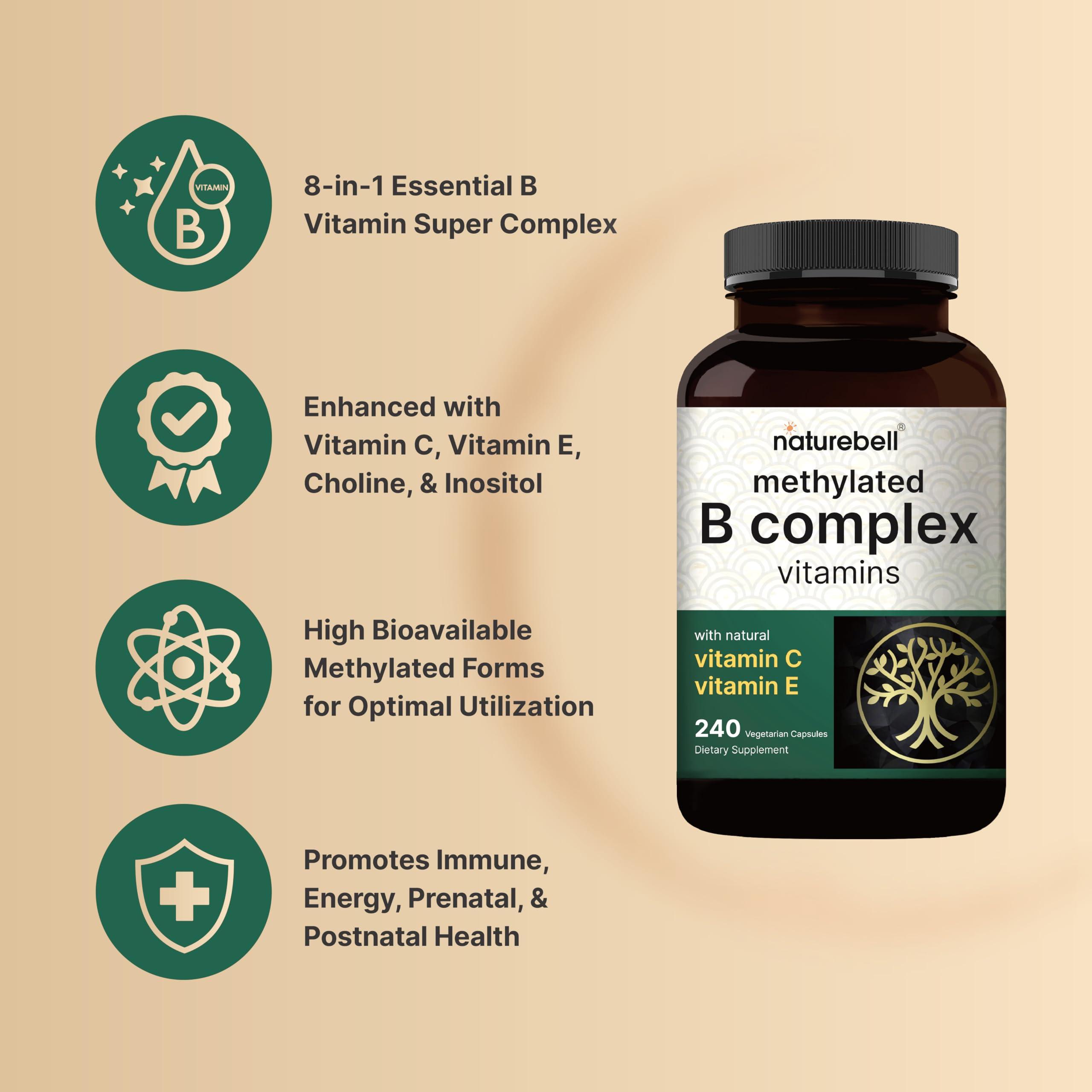 NatureBell Methylated B Complex Vitamins, 240 Veggie Capsules | Multivitamin B Complex | B12, Folate, Biotin & More  with Natural Vitamin C, E, Choline & Inositol  Immune, Energy, & Prenatal Support