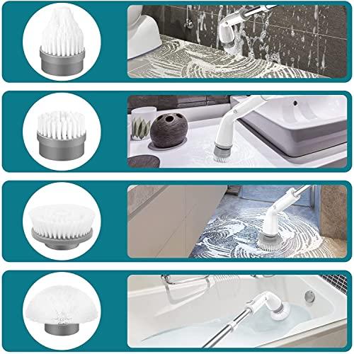 opodee Electric Spin Scrubber, Electric Cleaning Brushes with Extendable Handle and 4 Replaceable Brush Heads, Cordless Spin Scrubber with 1.5 HrsPower Cleaning Brush for Bathroom Floor Tile (White)