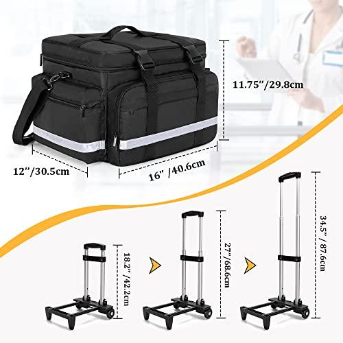 Damero Damero Rolling Medical Bag with Detachable Trolley, Medical Equipment Bag with Removable Pouches and Dividers, First Aid Responder Bag Empty for Home Health Nurses, Doctors, EMT, EMS, Black