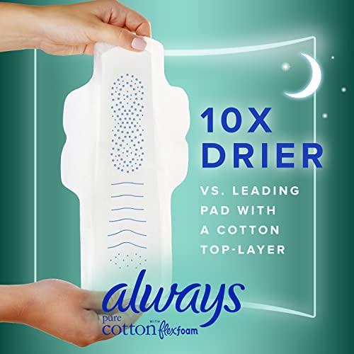 Always Always Pure Cotton, Feminine Pads for Women, Size 4 Overnight Absorbency, Multipack, with Flexfoam, with Wings, Unscented, 20 Count x 3 Packs (60 Count total)