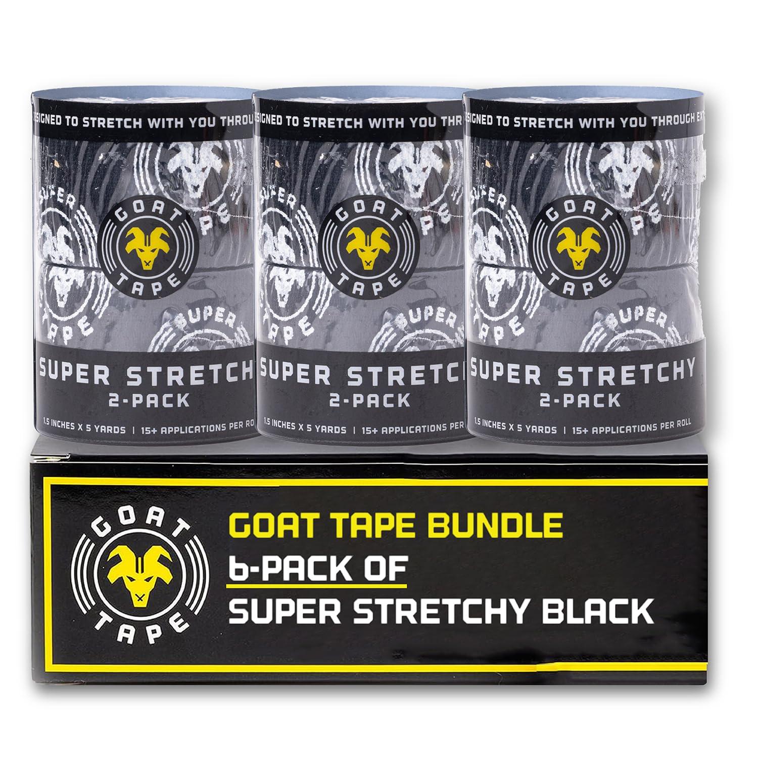 Goat Tape Goat Tape Super Stretchy Thumb Tape - Weightlifting Hook Grip Tape & WOD Tape for Cross Training, Gym Workout Tape, Athletic Finger Wrap - Flexes with Every Move - 15 Feet per Roll (Black 6-Pack)