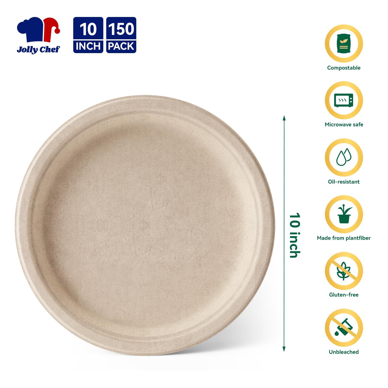 JOLLY CHEF JOLLY CHEF Compostable Heavy Duty Plates 10 Inch [150 Pack] Eco-Friendly Disposable Natural Paper Plates Bagasse Biodegradable Plates Bulk for Party Dinner Sugarcane Fibers Round Plates(Brown)