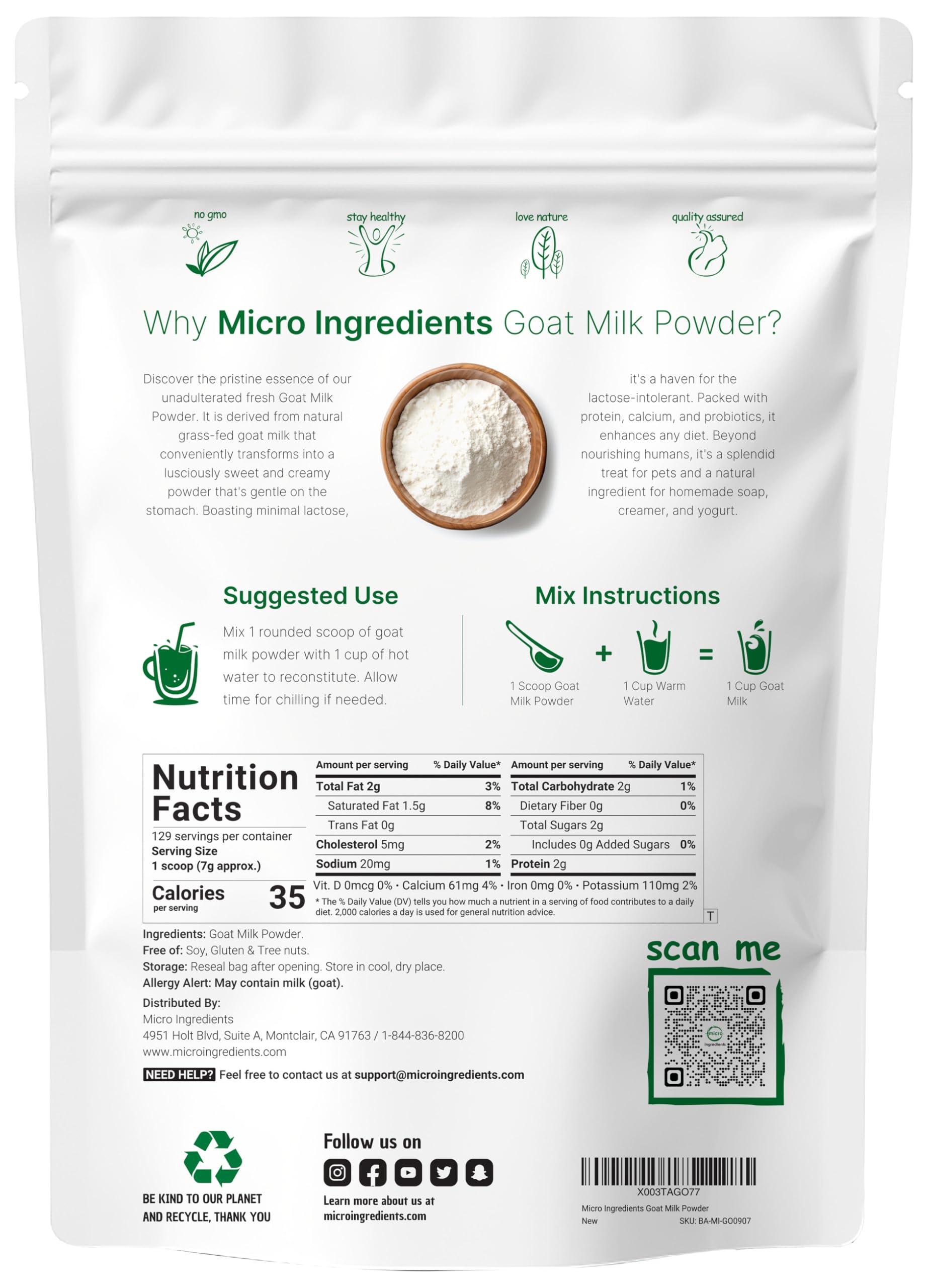 Micro Ingredients Goat Milk Powder, 2 Lb | Grass Fed Source, Australian Farm Derived, Unadulterated Formula, Easily Digested | Rich in Protein, Calcium, & Probiotics | Non-GMO, Gluten Free, Pet Friendly