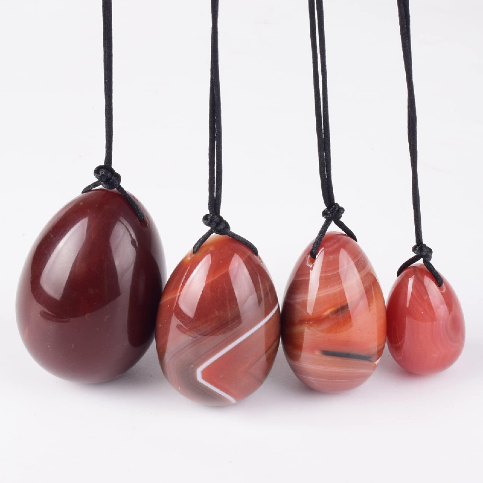 MiZuh Yoni Egg Set Drill Natural Red Agate Yoni Egg Big 4 Pcs Set Crystal Massage Ball Women Kegel Exercise,40x25 Mm