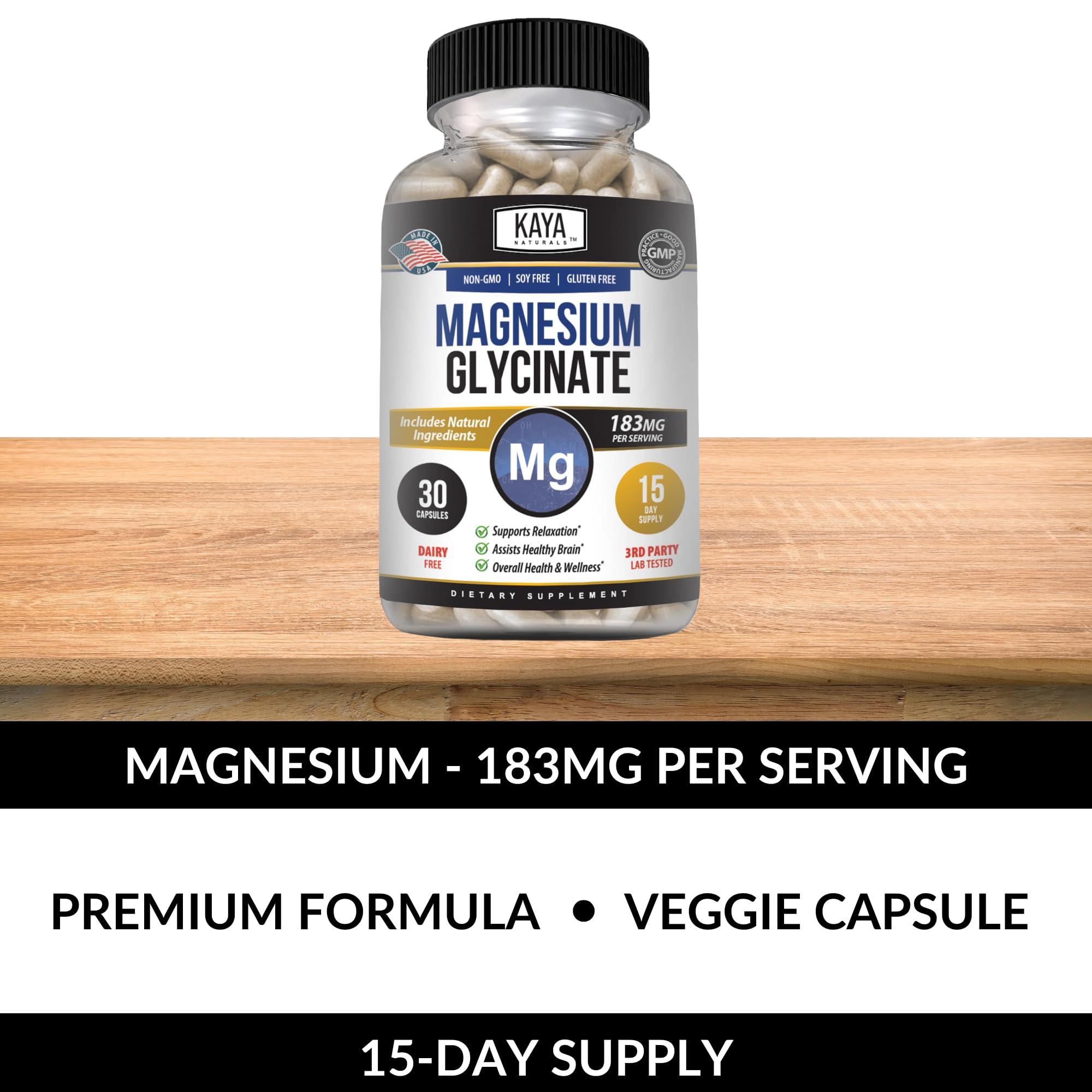 Kaya Naturals Kaya Naturals Magnesium Glycinate 183mg per Caps, Chelated for Maximum Absorption, Non-GMO, NO Gluten Dairy & Soy, Supports Muscle, Joint, and Heart Health (30 Count (Pack of 1))