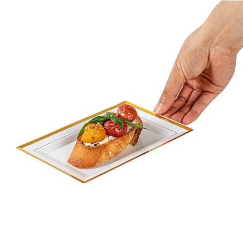 Restaurantware Restaurantware Moderna 7.5 x 5.3 Inch Premium Disposable Plates 10 Rectangular Plastic Plates For Parties - Gold-Rimmed Durable White Plastic Dinner Plates For Warm And Cold Foods