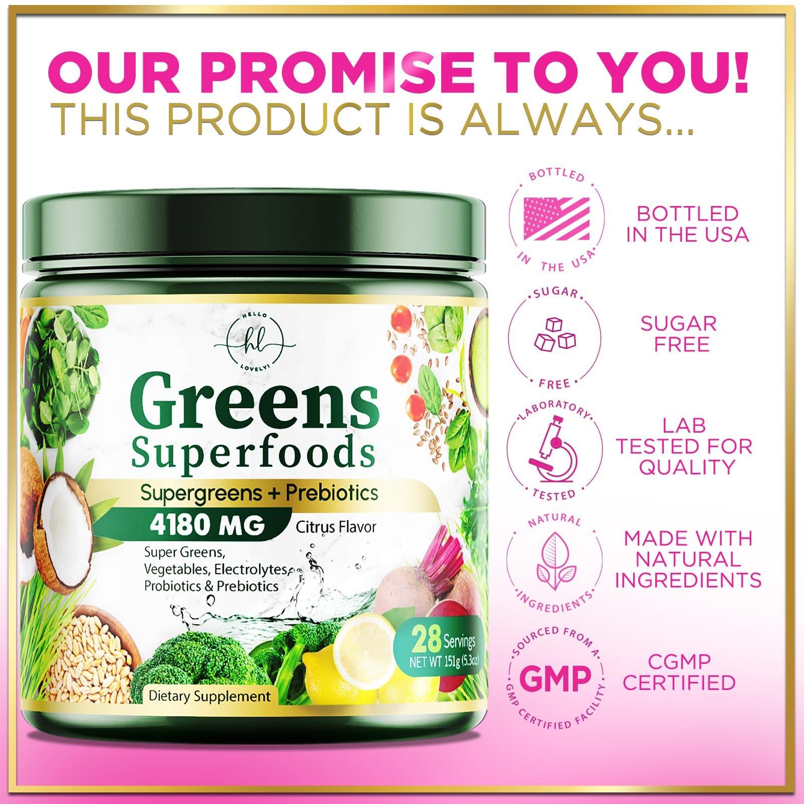 Hello Lovely! Green Powder Superfood, Organic Super Greens Powder Juice & Smoothie Drink Mix, Gut Health & Bloating Support, Probiotics, Spirulina, Chlorella & Beet Root for Digestive & Energy Support - 28 Servings