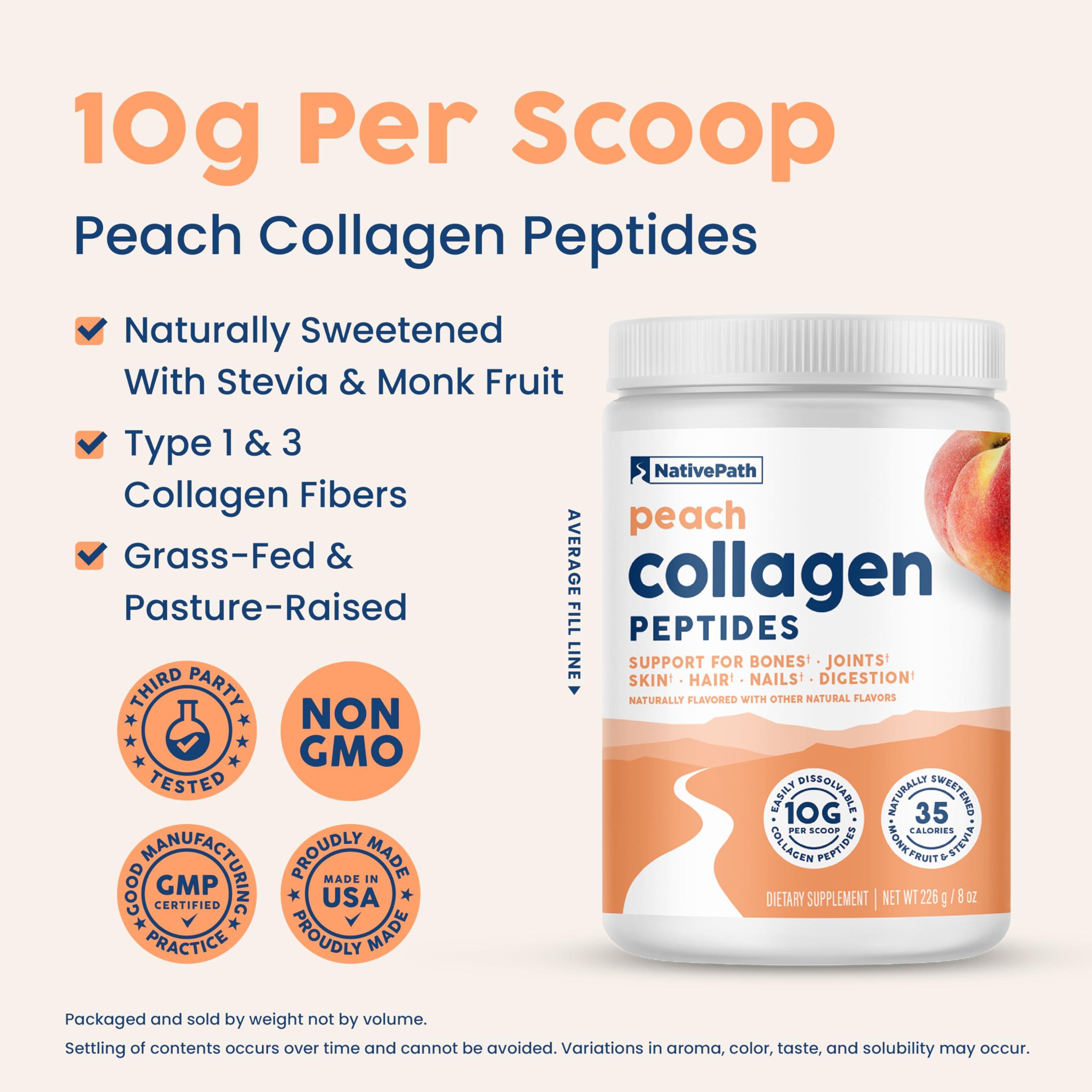 NativePath NativePath Collagen Peptides - Hydrolyzed Type 1 & 3 Collagen. Keto & Paleo Grass-Fed Protein Powder for Hair, Skin, Nails, Bones, Joints, Digestion and More - No Gluten or Dairy (Peach, 226g)