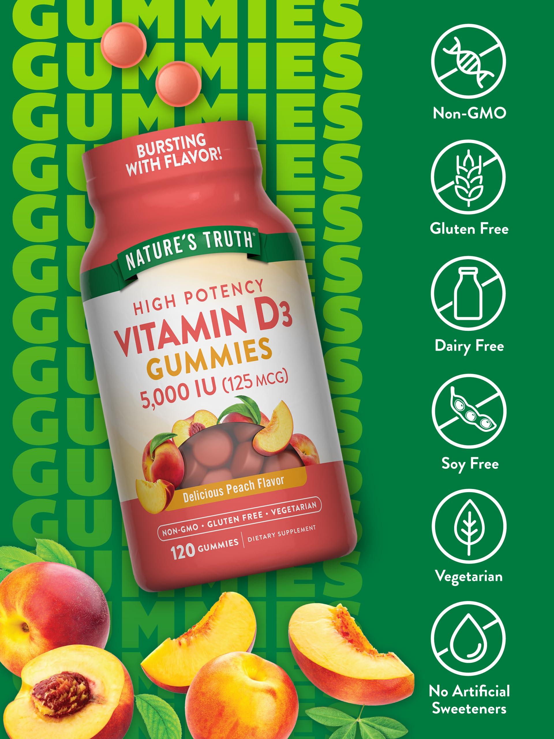 Nature\'s Truth Nature\'s Truth Vitamin D3 Gummies | 5000 IU | 120 Count | Peach Flavor | Vegetarian, Non-GMO & Gluten Free Supplement