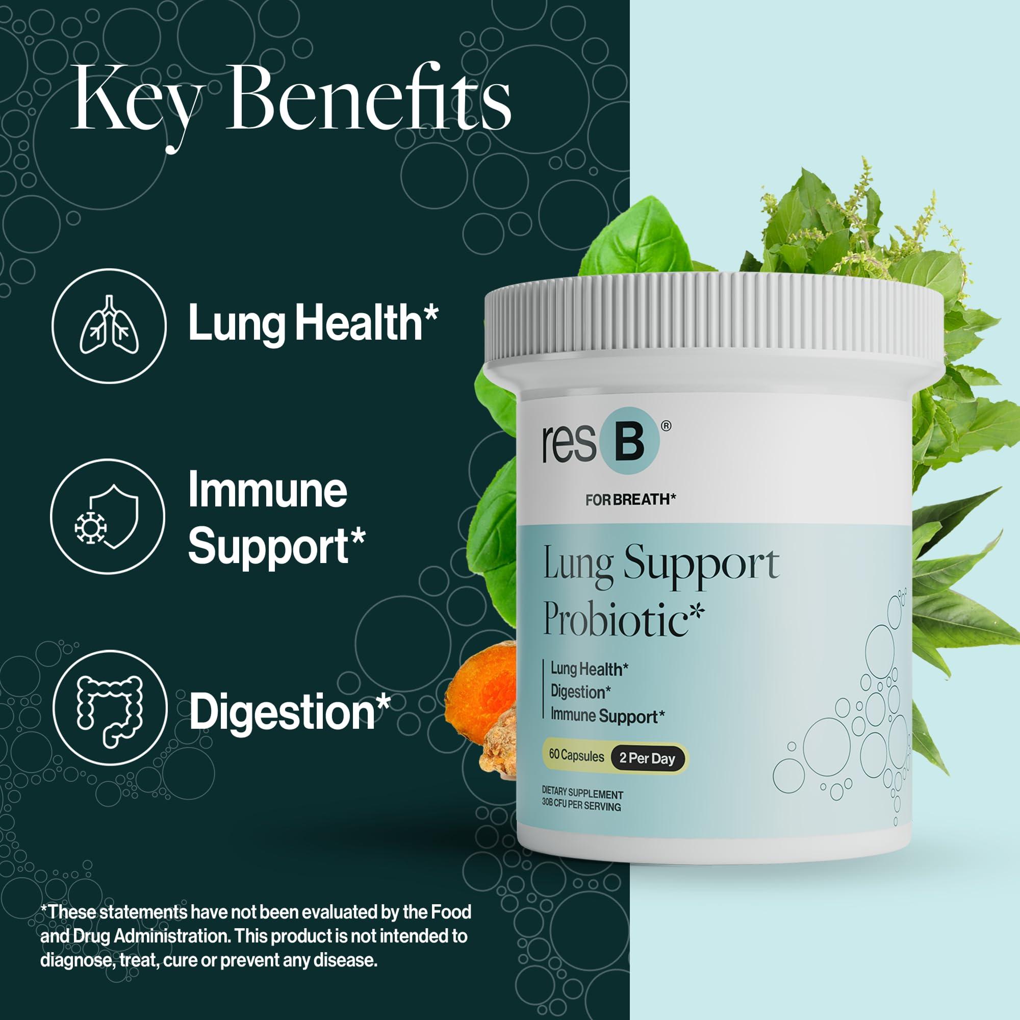 ResBiotic resbiotic resB Lung Support Probiotic Supplement - Lung Health Supplement for Smokers, Gut Health, Immune & Digestive Support, Respiratory Care, Holy Basil & Turmeric, Clinically Trialed - 60 Capsules