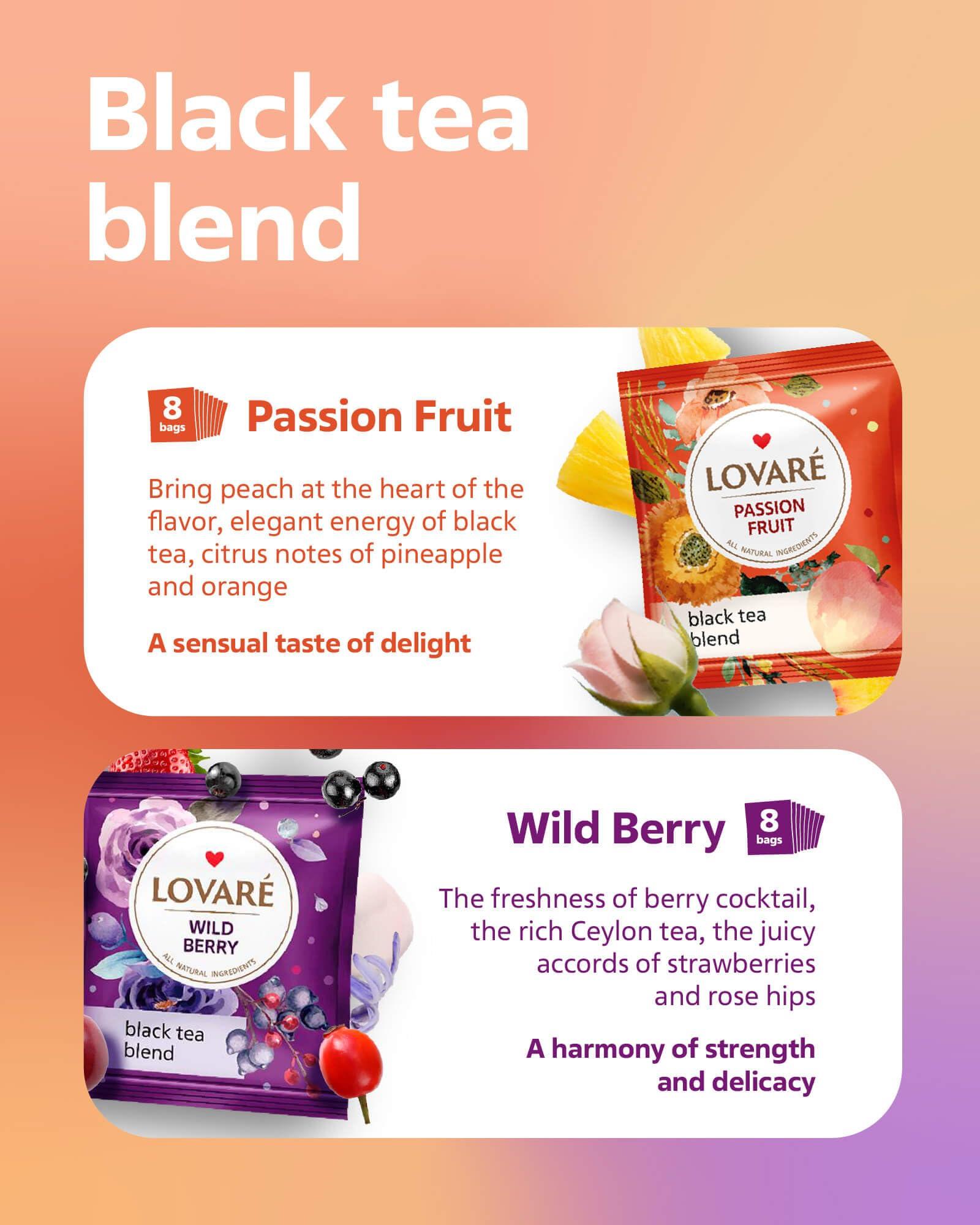 LOVARE LOVARE Tea Bags, 32 Count - Assorted Black Tea Variety Pack - 1001 Night, Passion Fruit, Champagne Splashes, Wild Berry - Made in Ukraine - Gluten Free