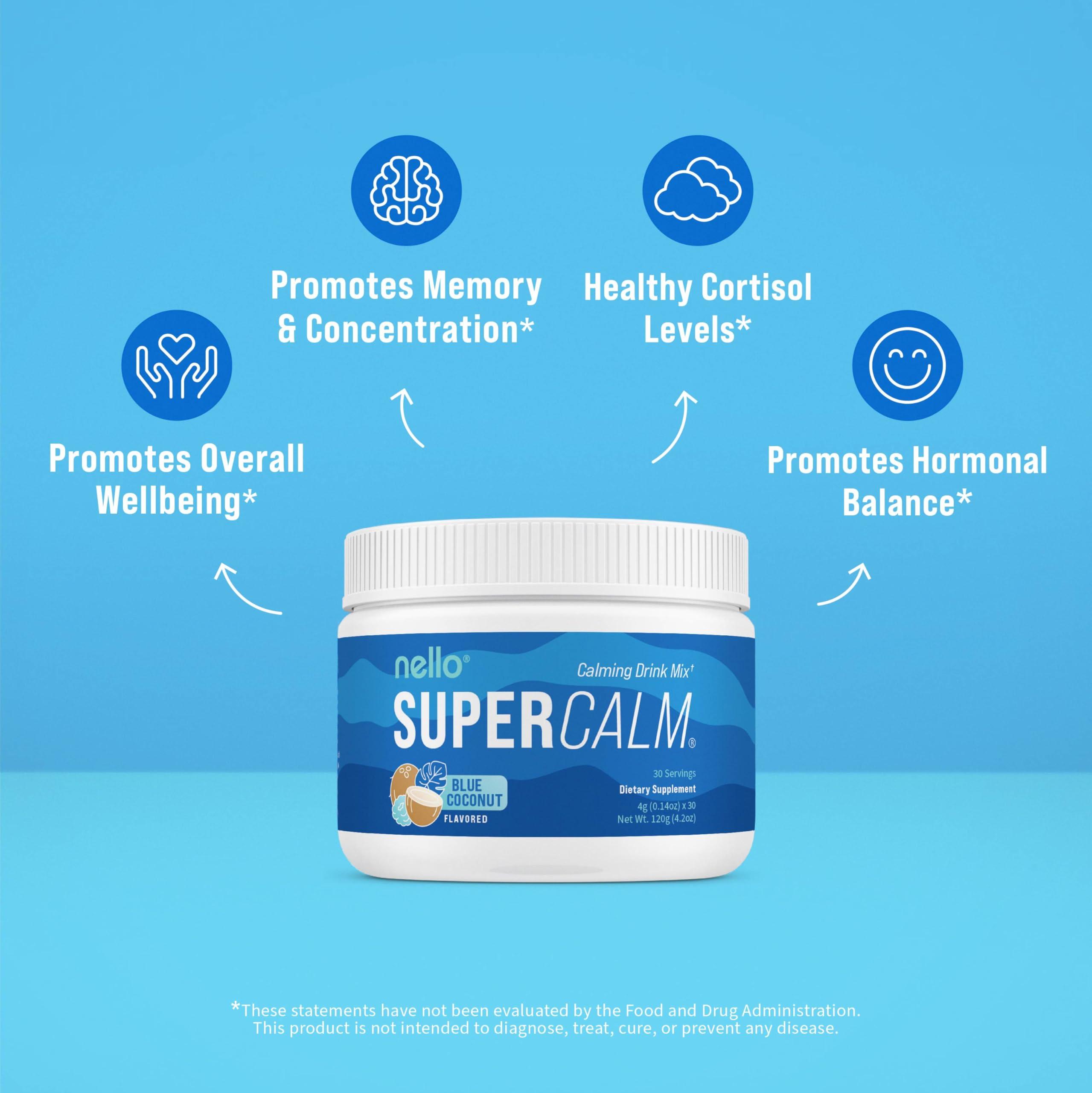 Nello Nello Supercalm Powdered Drink Mix, Blue Coconut, L Theanine, Ksm-66 Ashwagandha, Magnesium Glycinate, Vitamin D 3, Supplements for Relaxation & Focus, No Sugar, Non GMO, Vegan, On The Go, 30 Srvgs