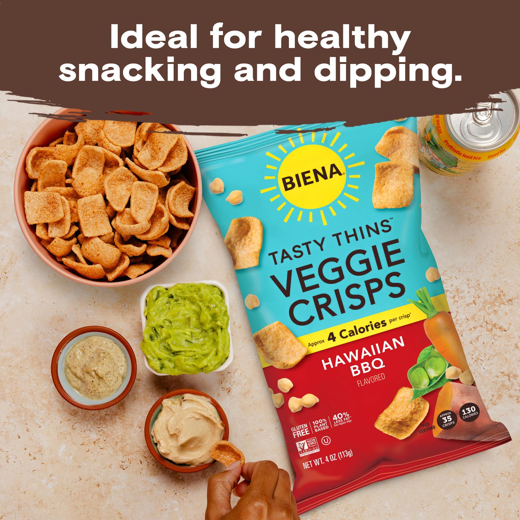 BIENA BIENA Tasty Thins Veggie Crisps - Low Calorie Veggie Chips for Adults and Kids - Individual Pack, 4 Ounce Bags - Hawaiian BBQ