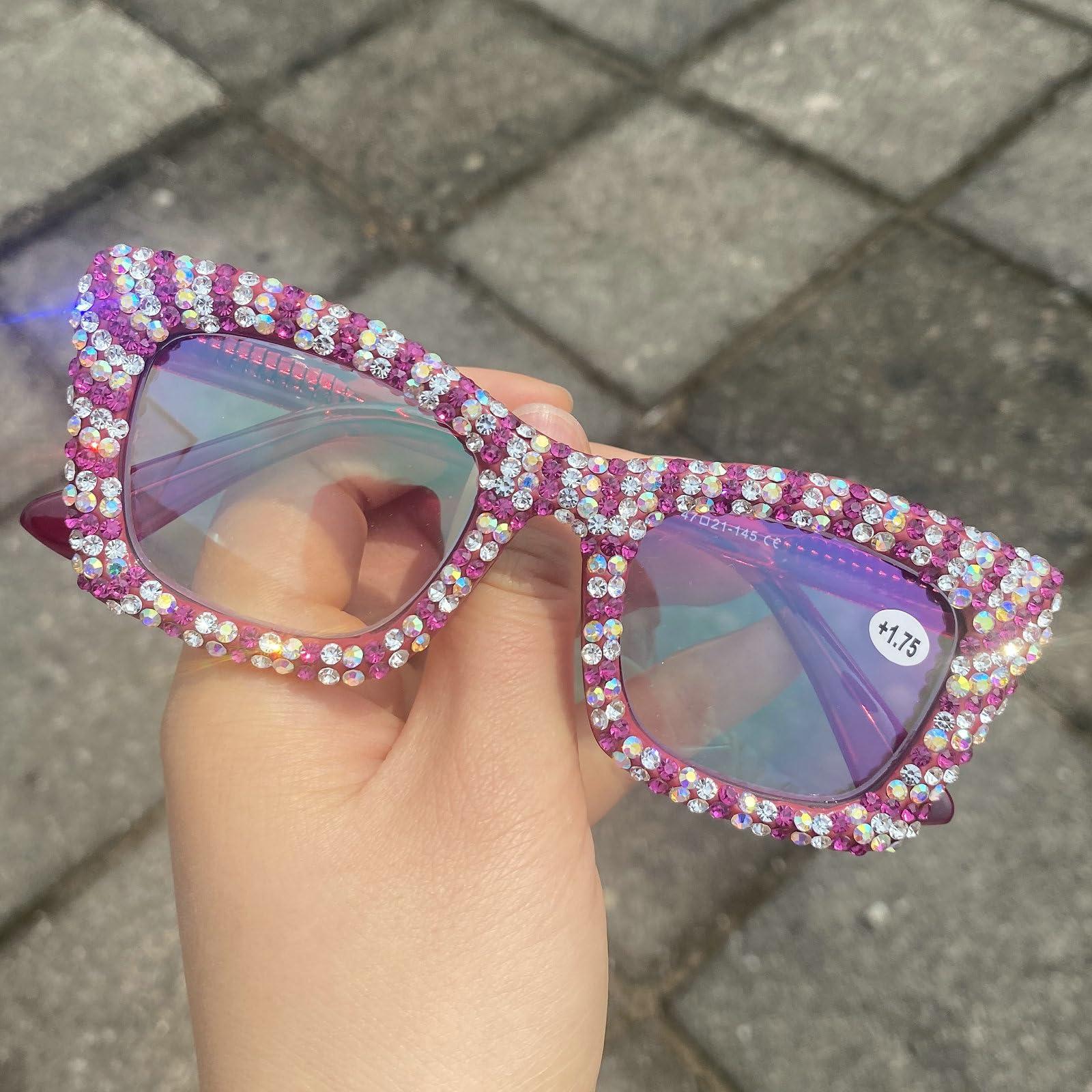 mincl mincl Oprah style Bling Rhinestone Reading Glasses for Women Shiny Diamond Blue Light Blocking Ladies Square Readers (rose, 1.25, x)