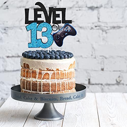 Caiwowo Level 13 Game Birthday Cake Topper - Video Game Boy's 13th Birthday Level Up Party Blue Cake Supplies - Game On Winner Gaming Party Decoration