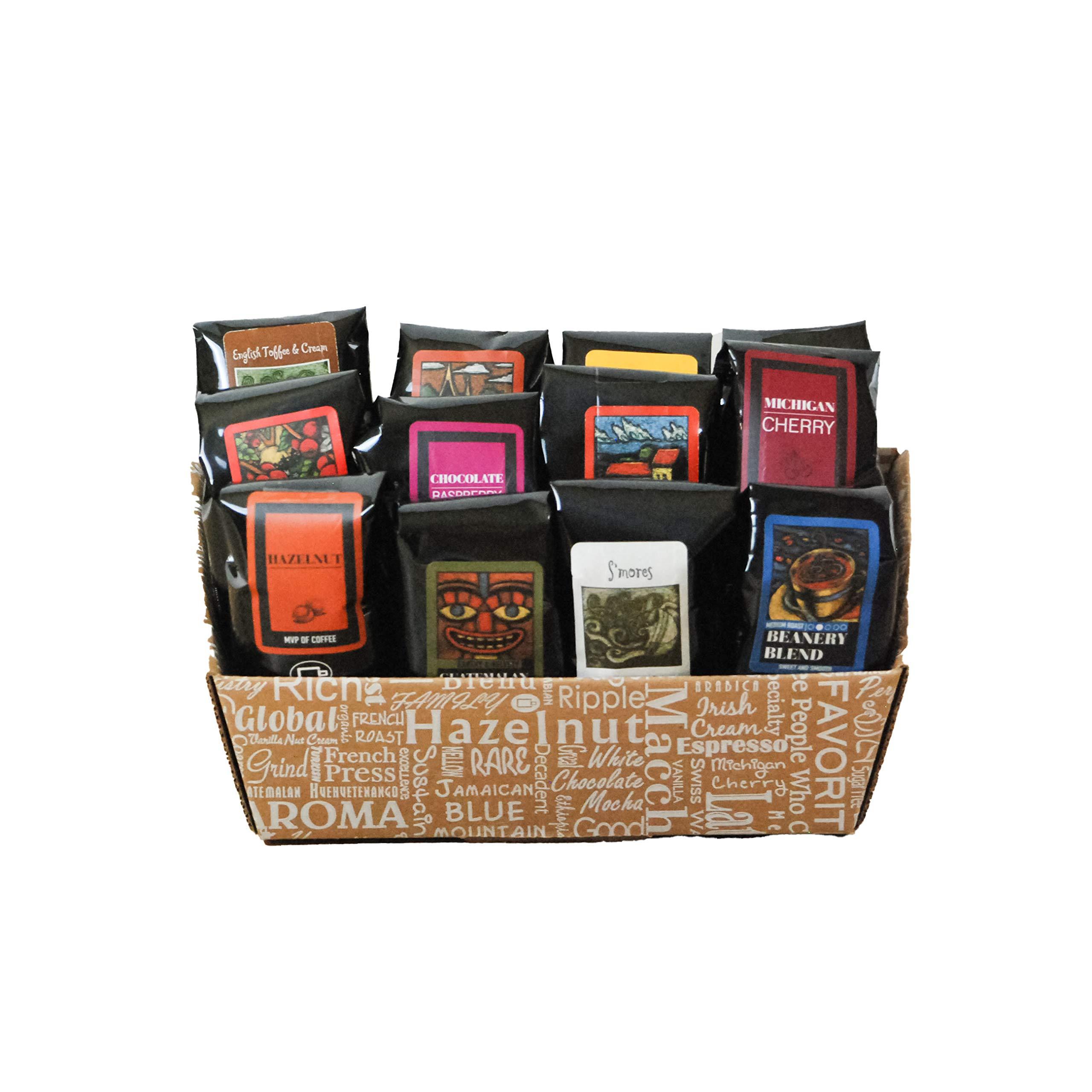 Coffee Beanery Indulgent Coffee Selection Gift Box | 100% Specialty Arabica Coffee | 12 Sample Bags of Medium Roast Ground Coffee