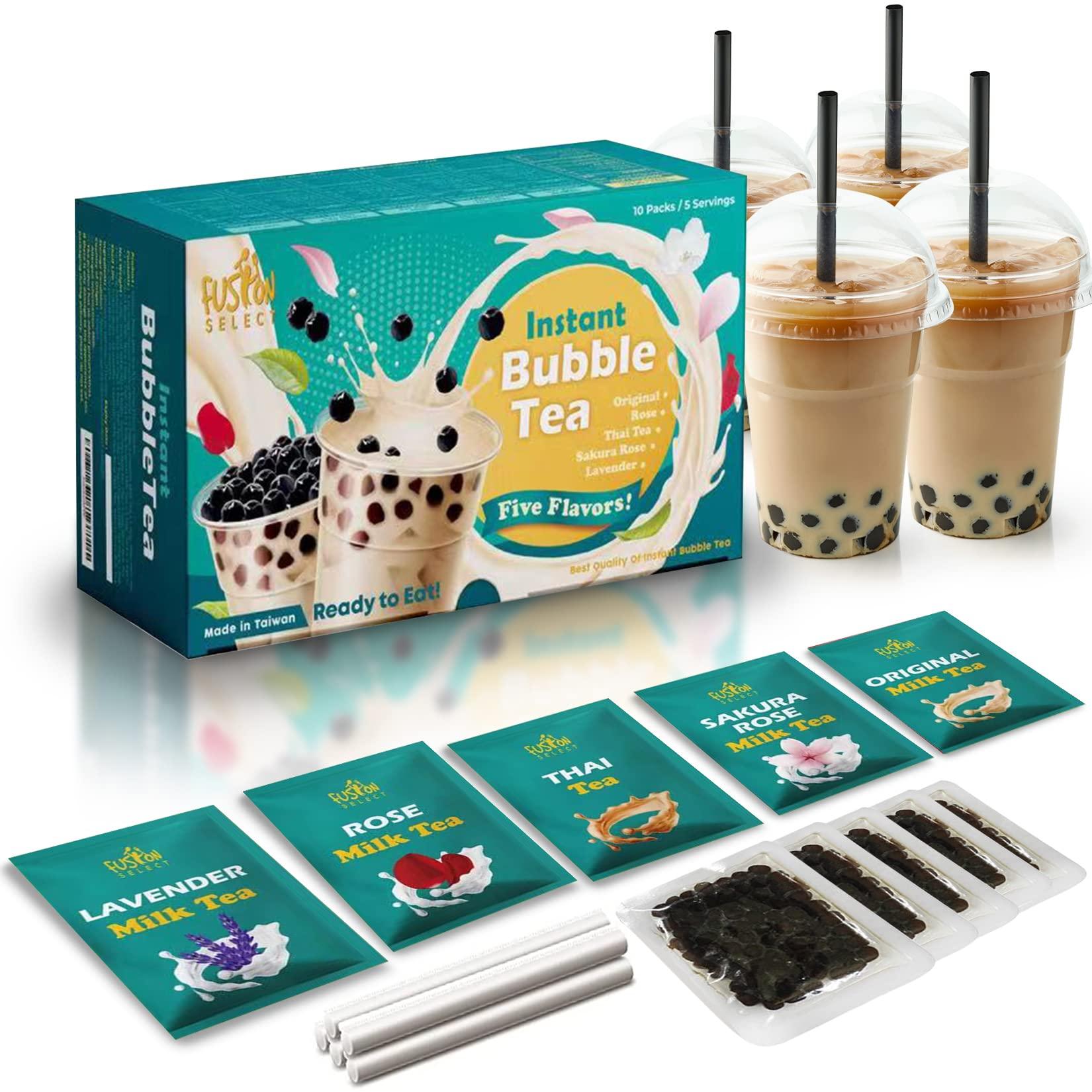 Fusion Select Fusion Select 5 Packs Authentic Tea Flavors Sakura, Lavender, Rose, Thai Tea, Original Milk Tea Boba Tea Kit Extra Rich Flavor Bubble Tea Drinks, Boba Tapioca Pearl, Boba Straws, Complete Boba Kit