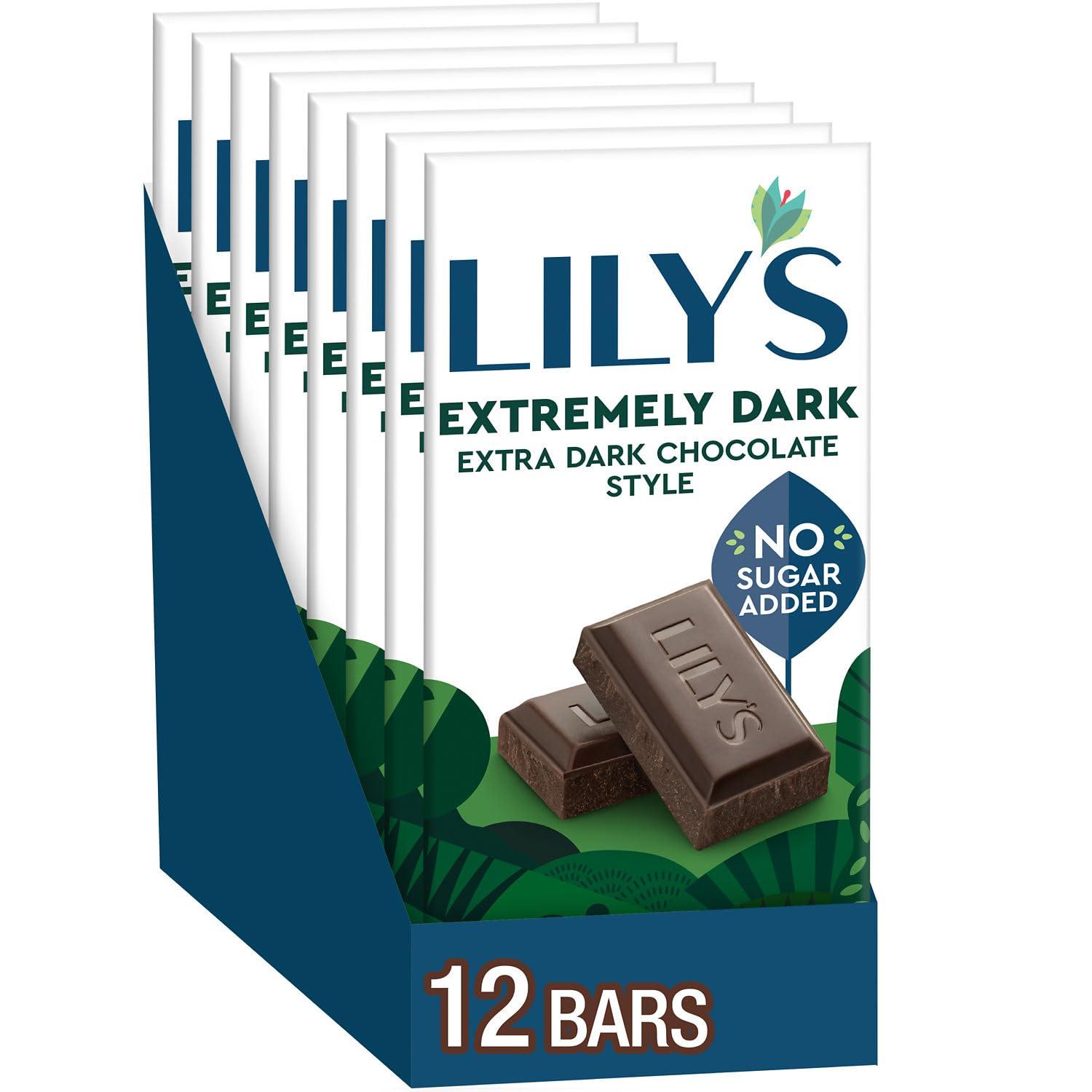 Lily's LILY\'S Extremely Dark Extra Dark Chocolate Style No Sugar Added, Sweets Bars, 2.8 oz (12 Count)