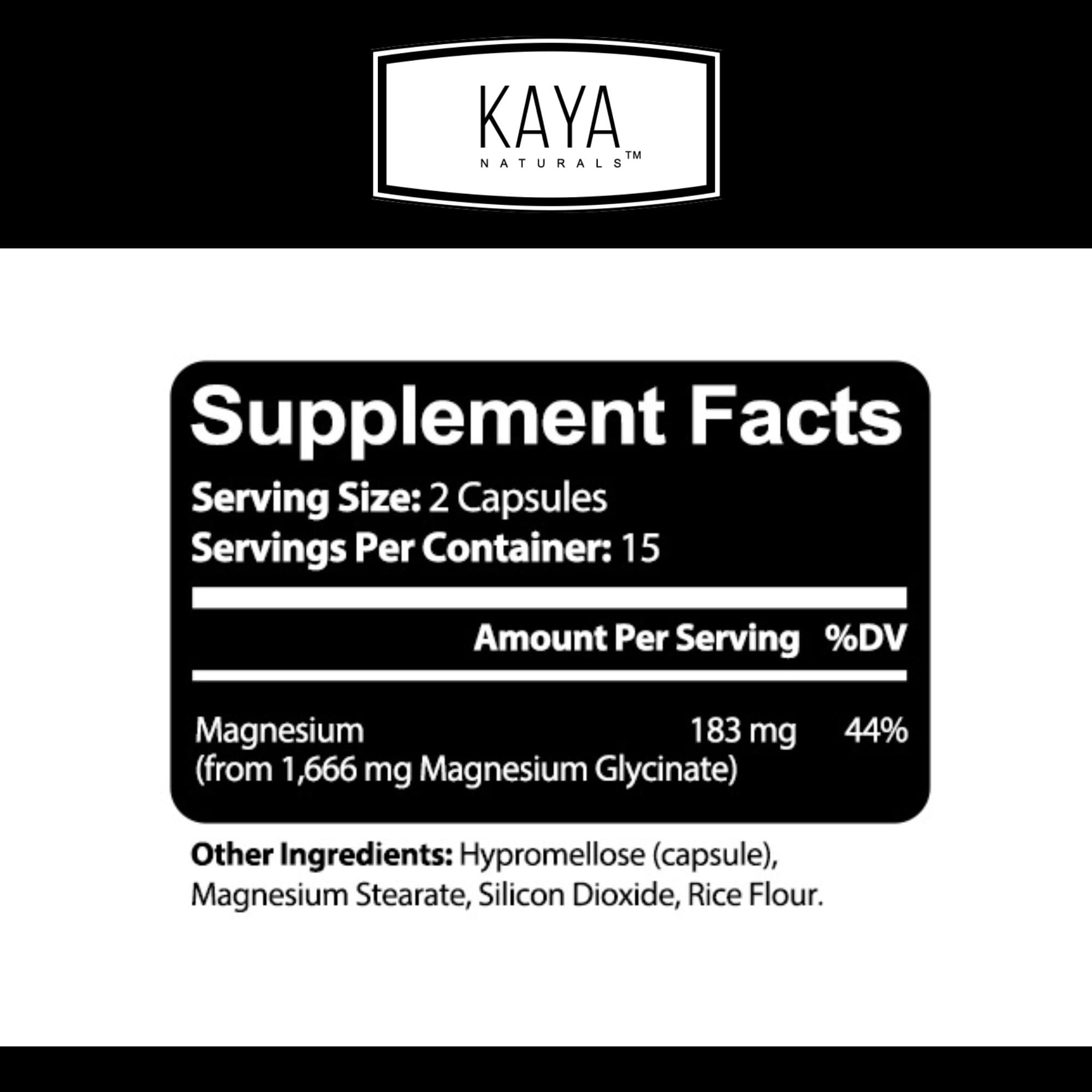 Kaya Naturals Kaya Naturals Magnesium Glycinate 183mg per Caps, Chelated for Maximum Absorption, Non-GMO, NO Gluten Dairy & Soy, Supports Muscle, Joint, and Heart Health (30 Count (Pack of 1))