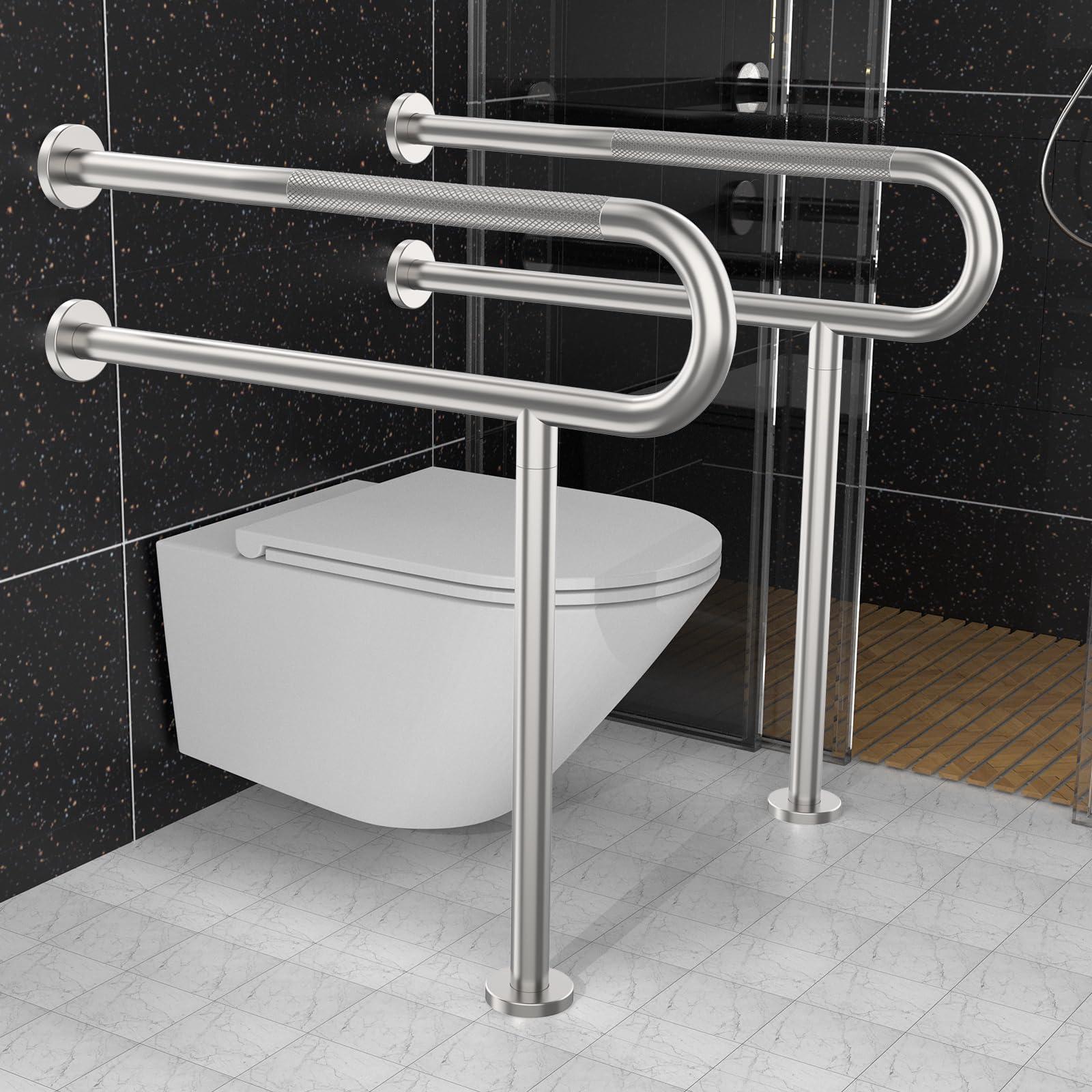 Munzong Toilet Support Rail 31.3X 31.5 Inch, Munzong Anti-Slip Satin Brushed Nickel Handicap Grab Bar for Bathroom, Stainless Steel Knurled Safety handrails with Leg for Elderly Disabled Pregnant-1.25Tube