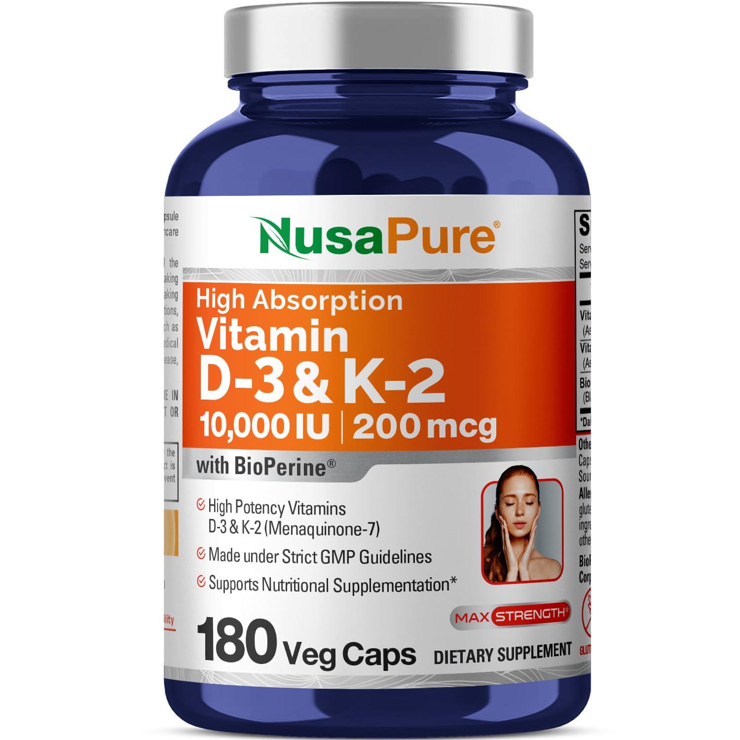 NusaPure NusaPure Vitamin K2 (MK7) (200mcg) + Vitamin D3 (10000 IU) 180 Veg Caps - Bioperine, Soyfree, Non-GMO