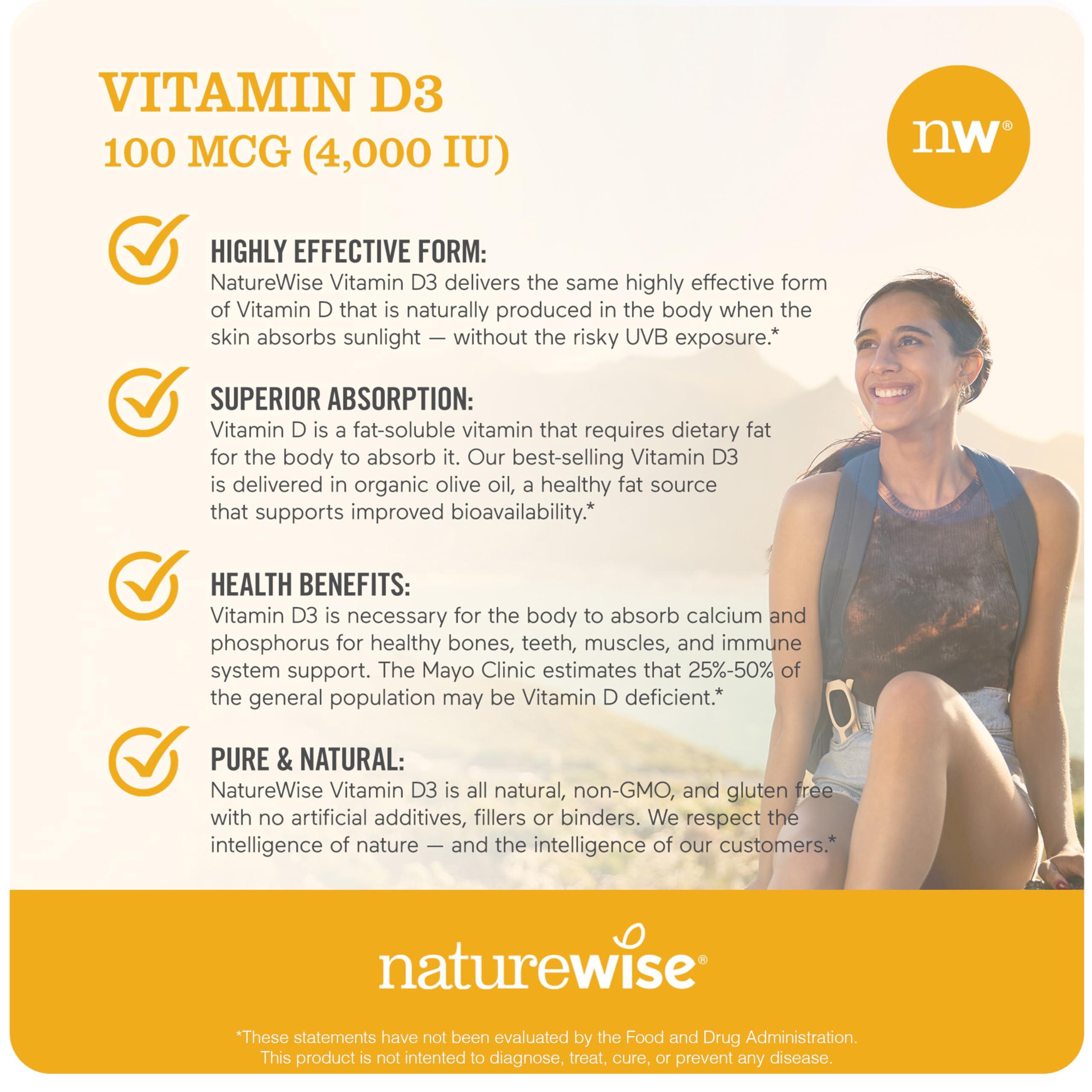 NatureWise NatureWise Vitamin D3 4000iu (100 mcg) 30-Day Supply for Immune Support, Healthy Muscle Function, and Bone Health - Non-GMO, Gluten Free in Organic Extra Virgin Olive Oil, (Mini Softgel), 30 Count
