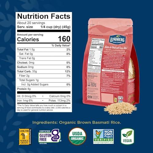 Lundberg Lundberg Basmati Rice, Organic Long Grain Brown Rice - Non-Sticky, Fluffy Aromatic Rice Grown in California, Pantry Staples, 32 Oz