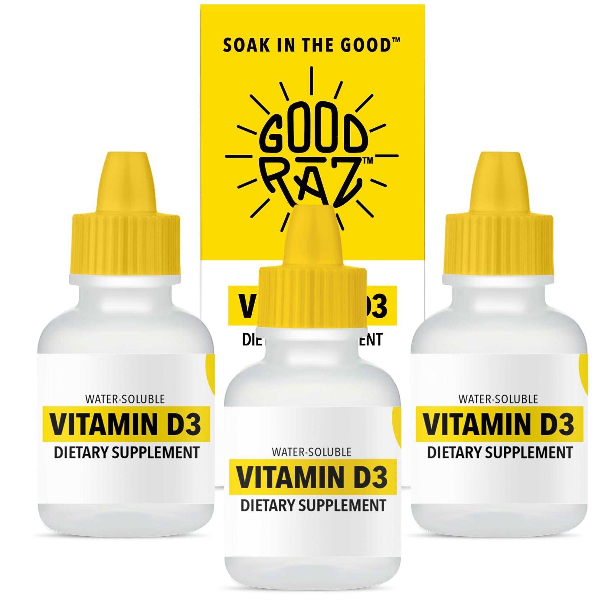 Good Raz Good Raz - Vitamin D Drops Adult - Water-Soluble Liquid D3 Drops - Potent Vitamin D Liquid Drops - No Stir, Non-GMO, Kosher - D3 Liquid to Add to Drink Or Food, Flavorless - 12-Month Supply (3)