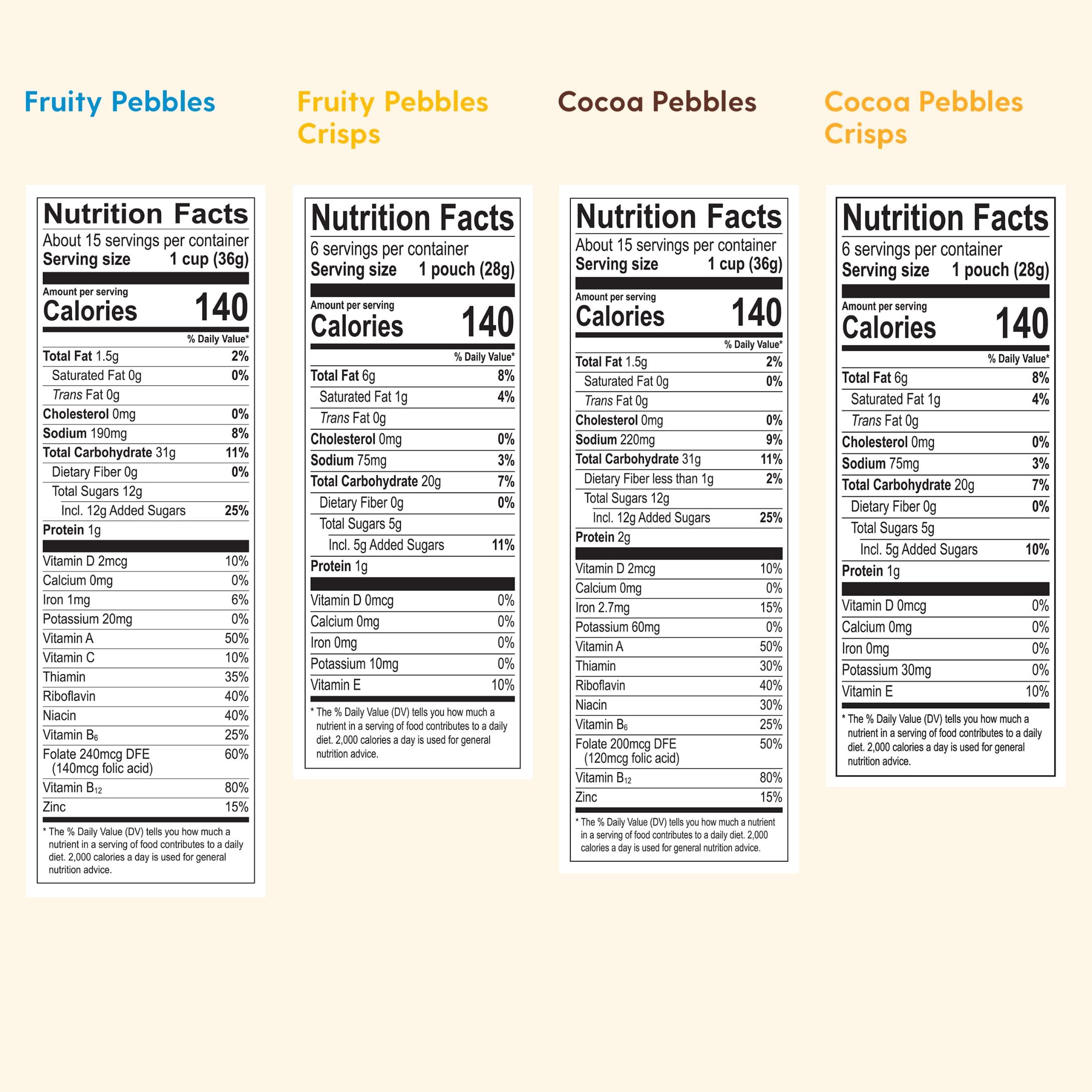 Post Pebbles Family Size Cereal and Crisps Variety Pack; Fruity Cereal (2), Cocoa Cereal (1), Fruity Multipack Crisps (2), Cocoa Multipack Crisps (1)