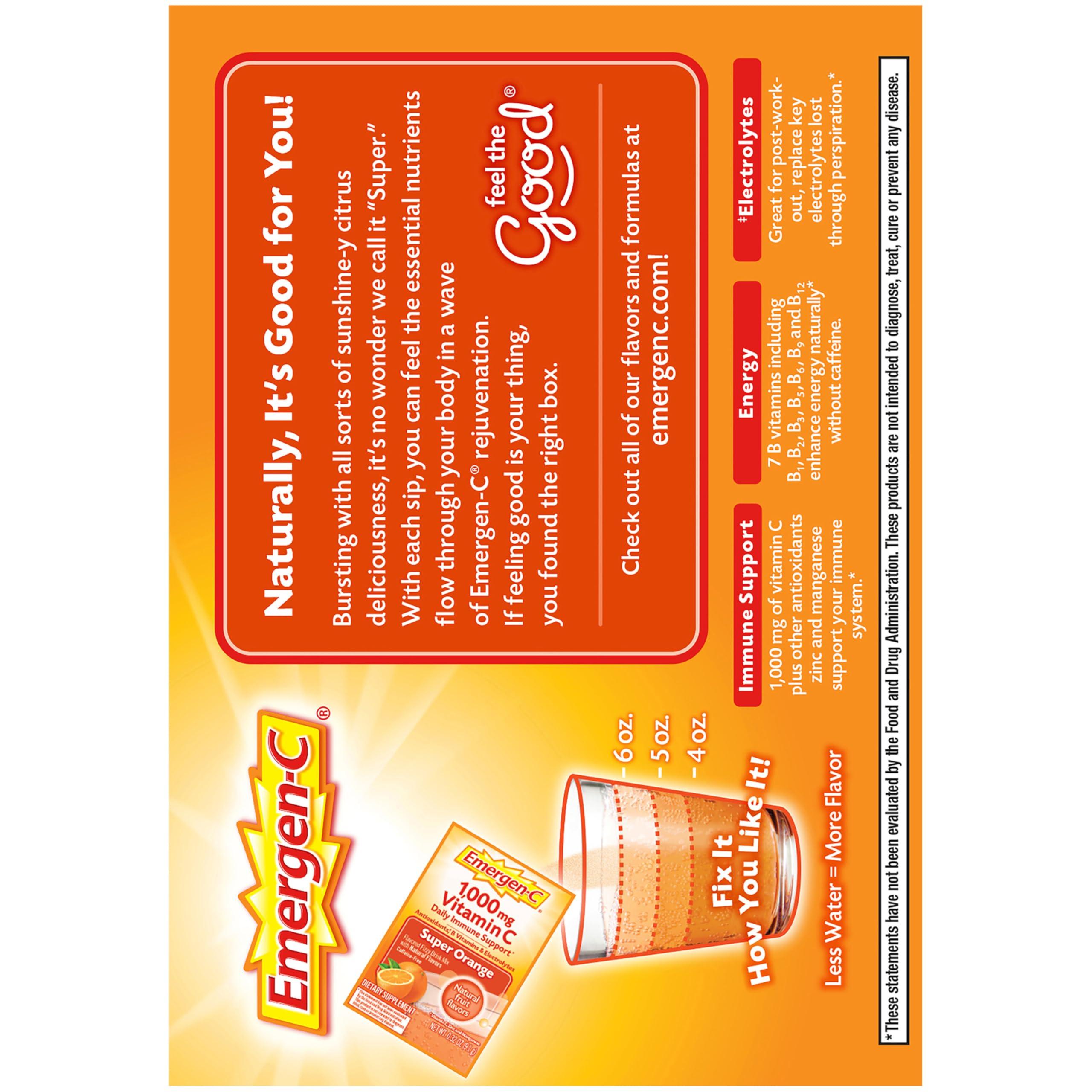 Emergen-C Emergen-C 1000mg Vitamin C Powder for Daily Immune Support Caffeine Free Vitamin C Supplements with Zinc and Manganese, B Vitamins and Electrolytes, Super Orange Flavor -60 Count(Pack of 1)