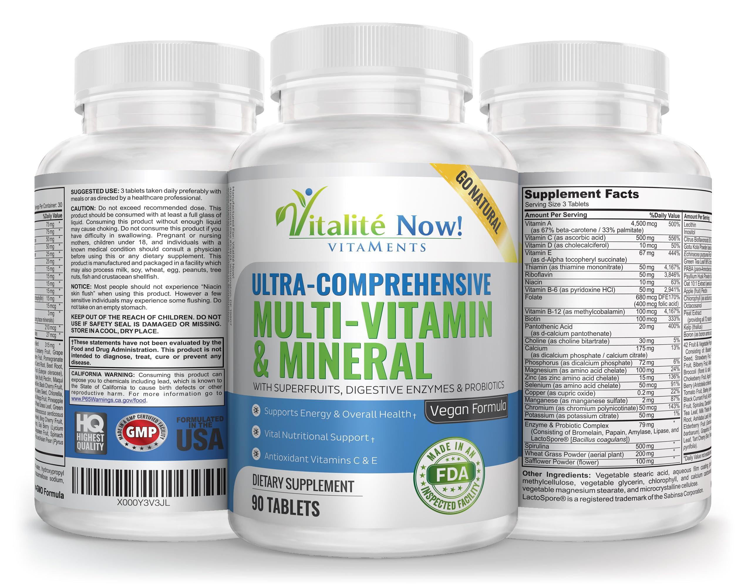 Vitalit Now! Vegan Whole Food Multivitamin & Mineral - Vitamins A B1 B2 B6 B12 C D3 E & 110 Super Foods, Herbs, Greens & Reds - Enzymes & Probiotics for Immune Support - Energy Boost - 90 Tablets
