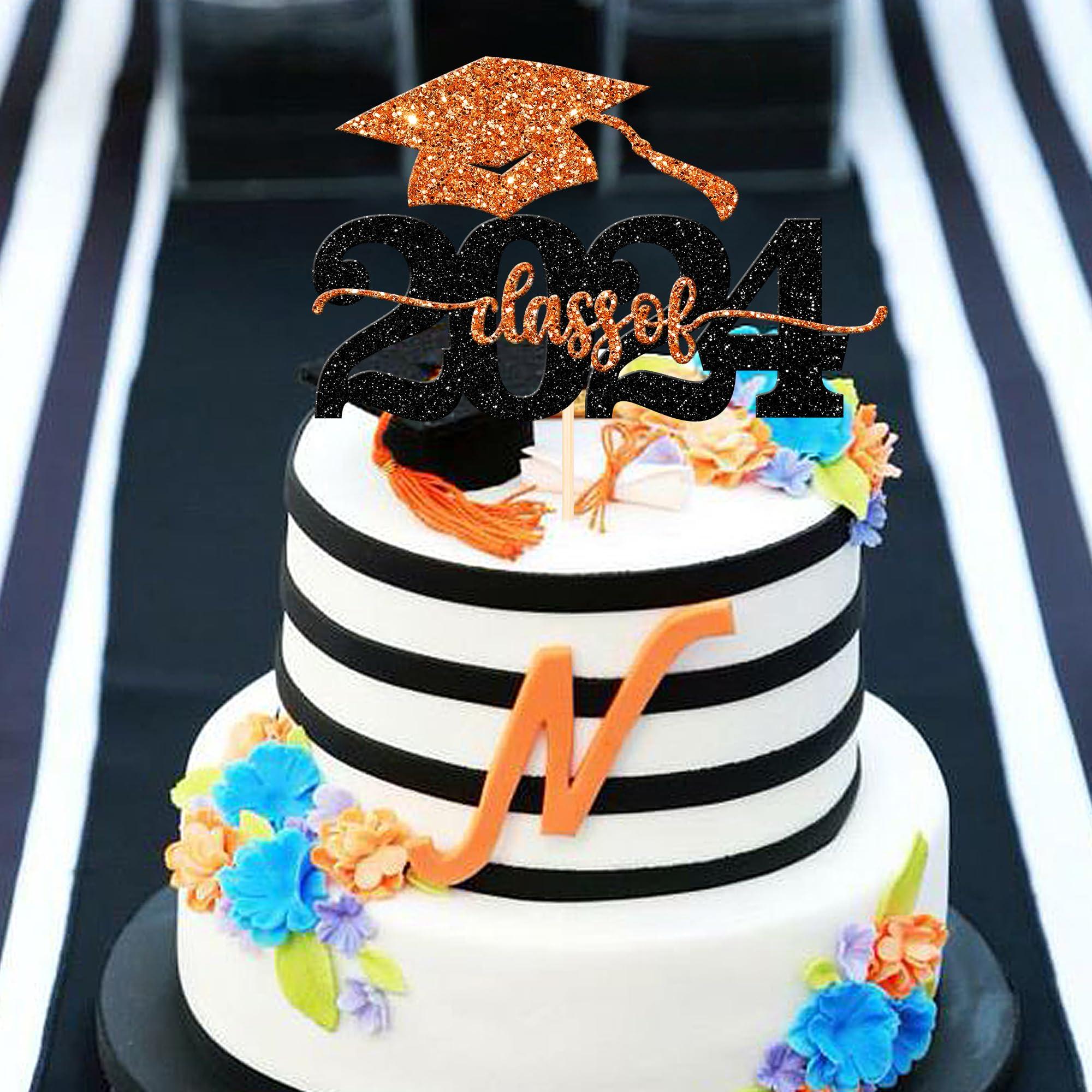ZHUOWEISM 1 PCS Class of 2024 Cake Topper Black Glitter 2024 Graduation Cake Pick Congrats Grad Cap 2024 Cake Decoration for 2024 College Graduation Theme Party Decorations Supplies Orange