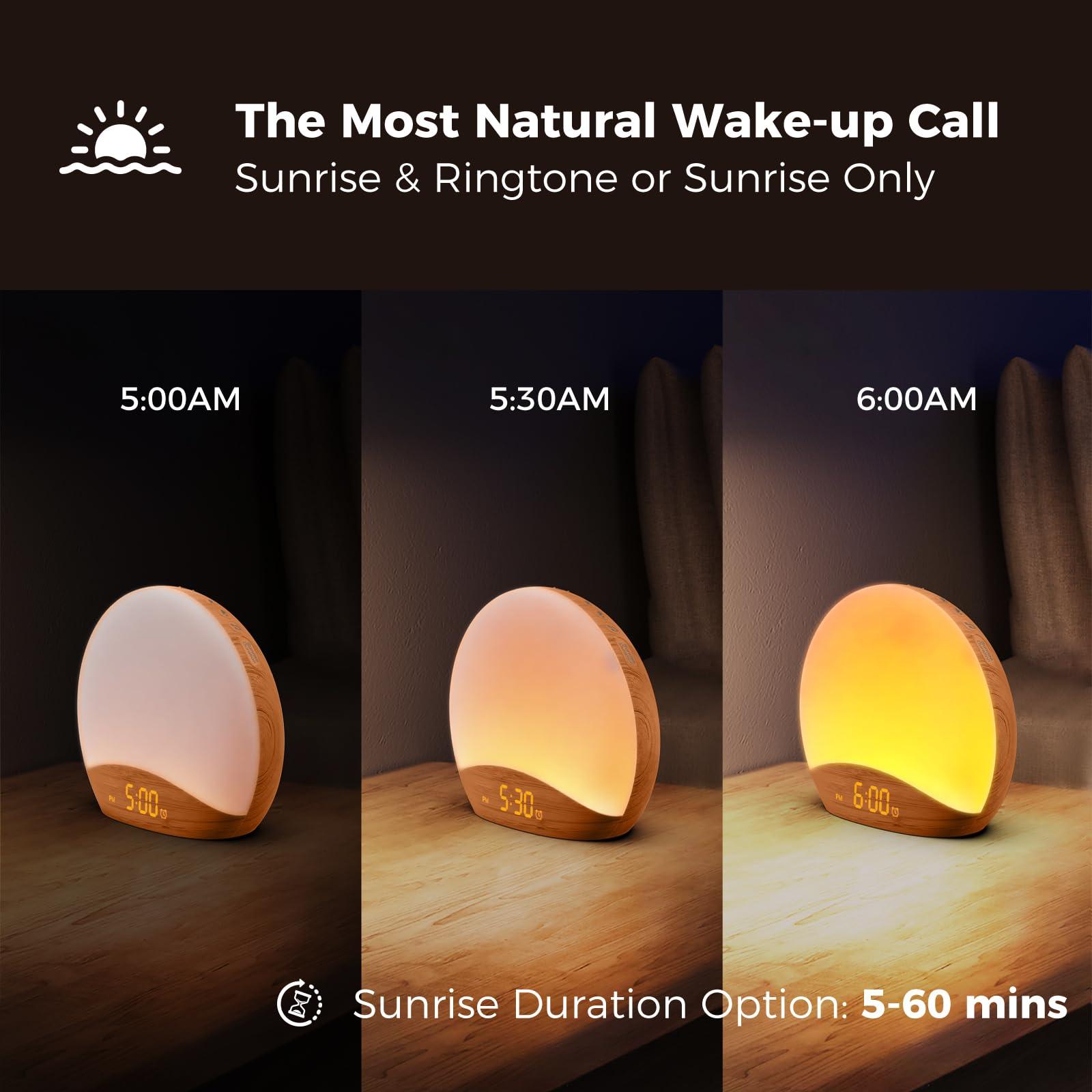 REACHER REACHER Wood Grain Sunrise Alarm Clock and Sound Machine Nightlight, Digital Dimmable Clock for Bedroom, 26 Sleep Sounds, White Noise Machine for Baby, Adults, Wake Up Light Alarm Clock for Kids