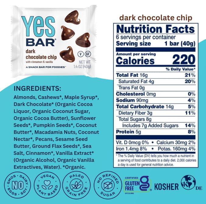 The YES Bar The YES Bar Dark Chocolate Chip Plant Based Protein, Decadent Snack Bar Vegan, Paleo, Gluten Free, Dairy Free, Low Sugar, Healthy Snack, Breakfast, Low Carb, Keto Friendly (24 Count)