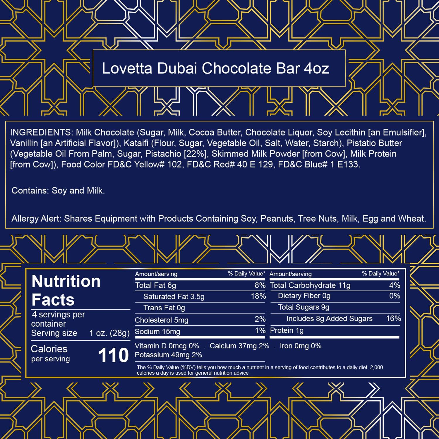 Lovetta Chocolate Dubai Chocolate Bar Pistachio Knafeh - Luxury Rich Milk Chocolate, Individually Wrapped Fresh, Premium Pistachio Cream Katafi Filling (1 Pack)