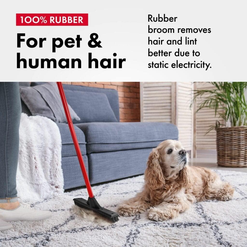 RAVMAG Pet Hair Remover Rubber Broom with Built in Squeegee - Carpet Rake for Pet Hair Removal on Hardwood Floor, Carpet & Tile - Picks Up More Dust & Debris - Rinse to Clean