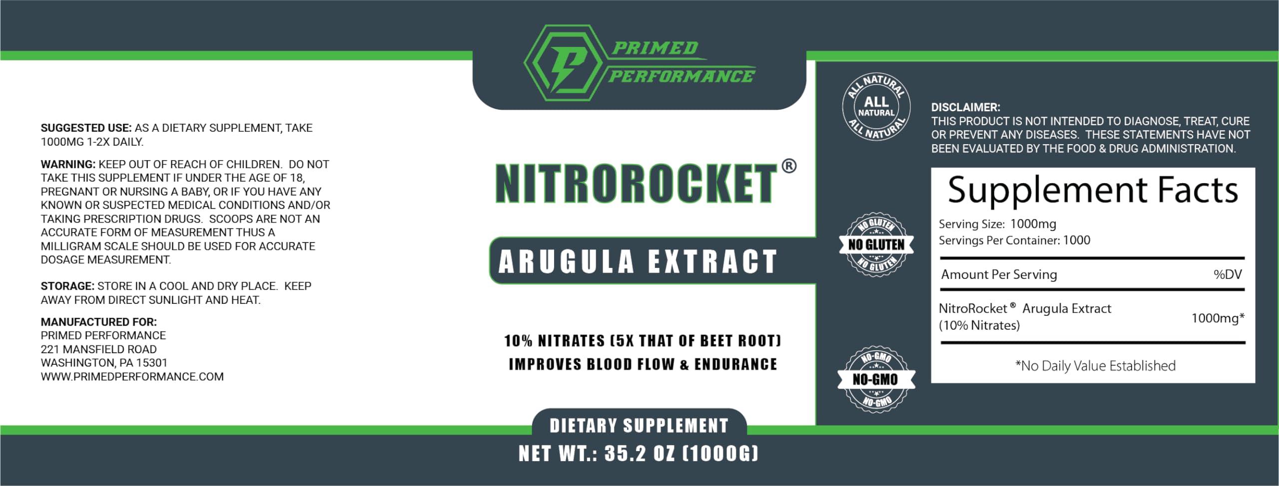 Primed Performance NitroRocket Nitric Oxide Booster - Helps Support Blood Flow Nitric Oxide Production - Nitric Oxide Supplements for Men and Women - Boost Energy, Cognitive Function & Muscle Oxygenation (1000 Grams)