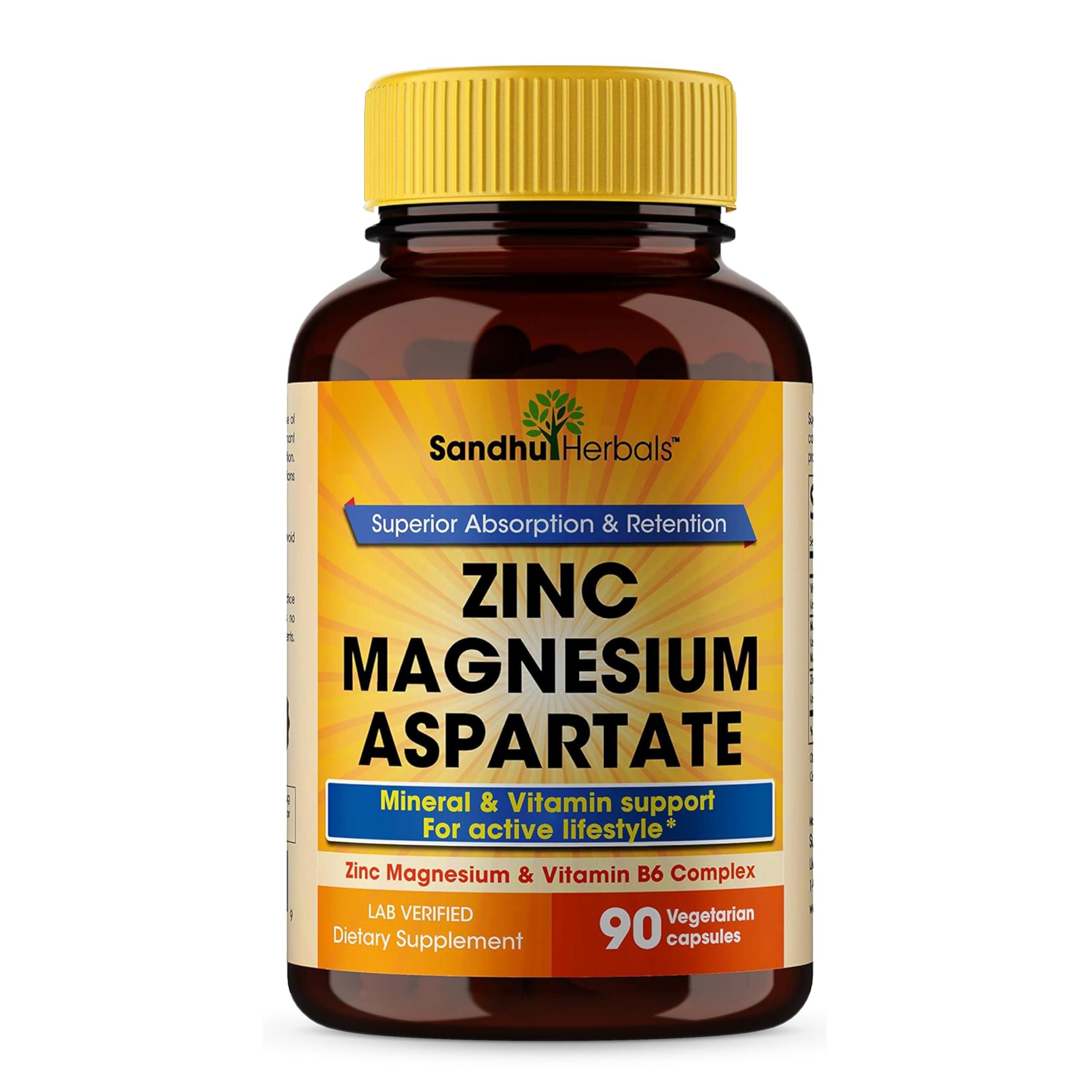 SANDHUHERBALS Sandhu Herbals Zinc Magnesium Aspartate Supplement 90 Capsules| Made in The USA| Recovery & Sleep Supplement, Promotes Muscle Recovery, Immune Support & Restorative Sleep with Vitamin B6
