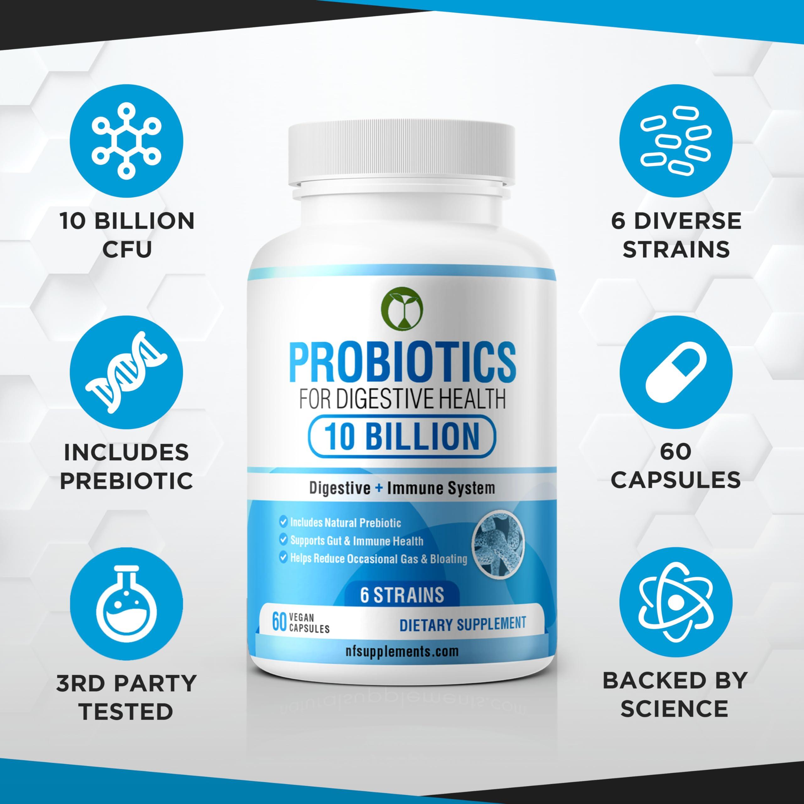 Natural Foundation Supplements Probiotics for Digestive Health 60 Capsules | 10 Billion CFU Scientifically Formulated Multi Strain Probiotic Blend | Organic Supplements with Prebiotics for Men & Women (10 Billion Probiotics)