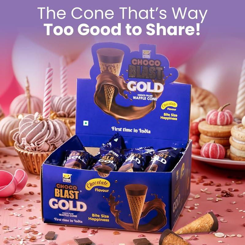 Pure Temptation Pure Temptation Gold Chocoblast Waffle Cones [36 Pieces] Snacks for Kids & Adults - Non-Meltable Valentine Chocolate Box - Individually Wrapped Chocolate-Filled Waffle Cones Bites - Chocolate