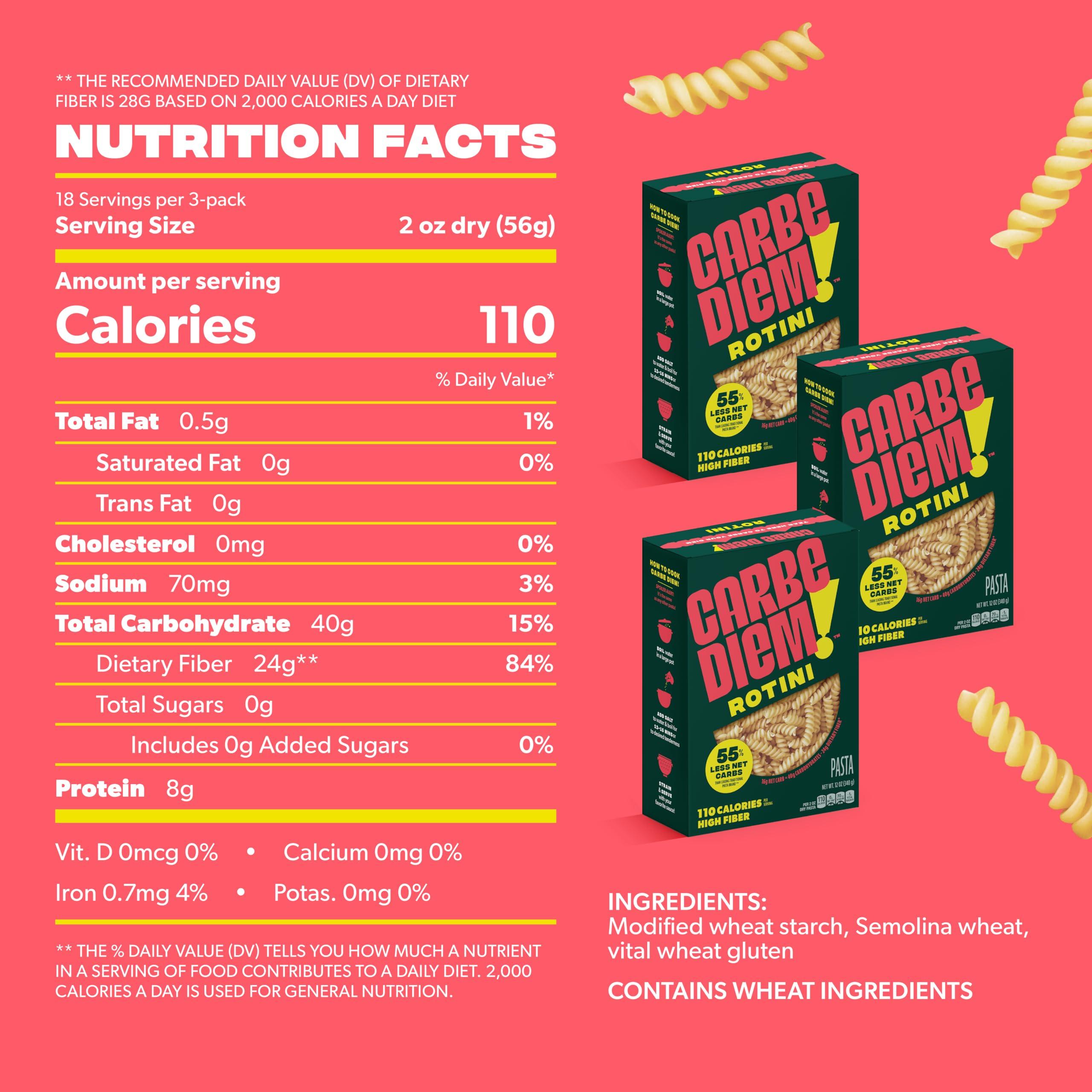 CARBE DIEM Carbe Diem!, Rotini, Lower Net Carb Pasta with Traditional Flavor & Texture, 55% Fewer Net Carbs & Only 110 Calories Per Serving, Pack of 3