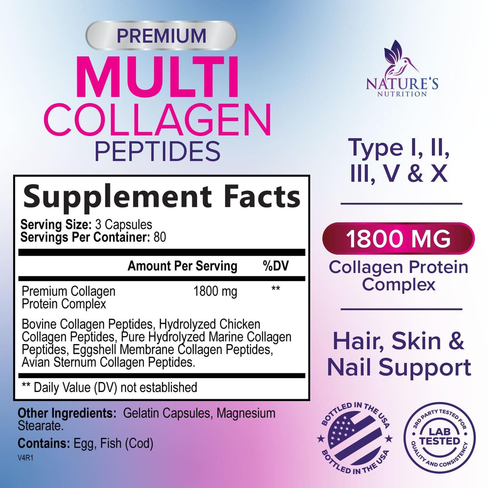 Nature's Nutrition Multi Collagen Supplement for Women & Men - Type I, II, III, V, X Multi Collagen Pills, Hydrolyzed Collagen Peptides Supplements, Nature's Hair, Skin, Nail, and Joint Support Supplement, 240 Capsules