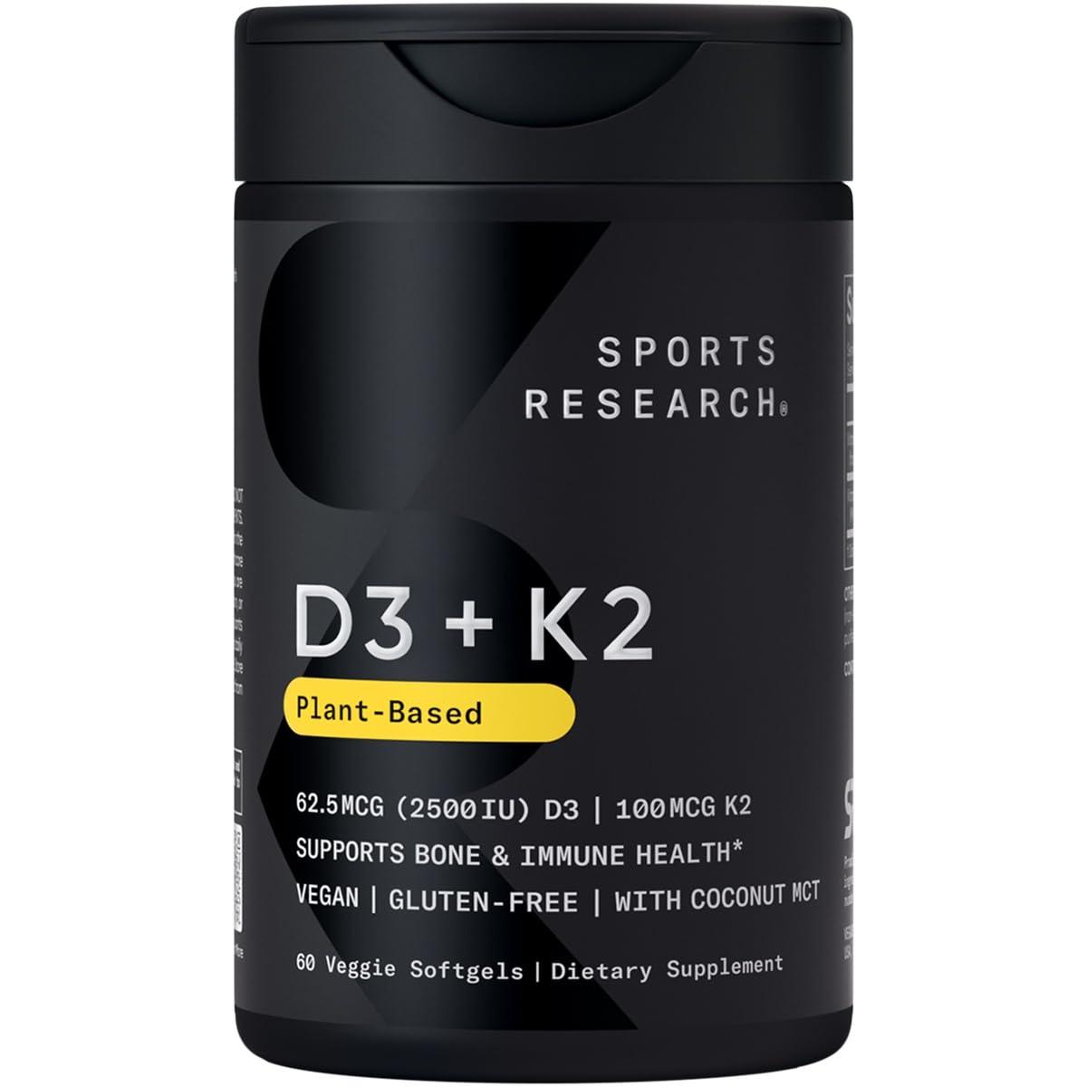 Sports Research Sports Research Vitamin D3 + K2 with Coconut MCT Oil | Vegan D3 2500iu (62.5mcg) & Plant Based Vitamin K2 Supplement | Vegan Certified, Soy & Gluten Free - 60 Softgels