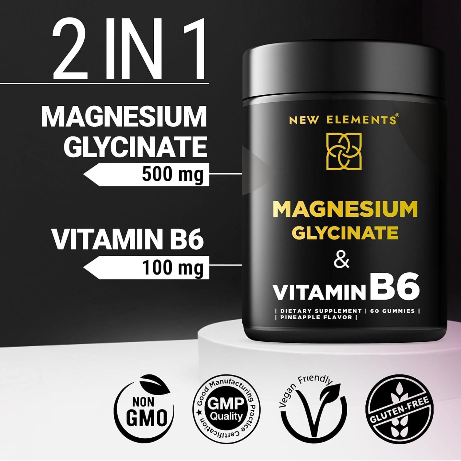 New Elements Magnesium Glycinate Gummies 500mg with Vitamin B6 100mg for Adults and Kids - High Absorption | Non-GMO | No Gluten | Stress Relief | Sleep & Relaxation | Muscle & Heart Support | Natural & Vegan