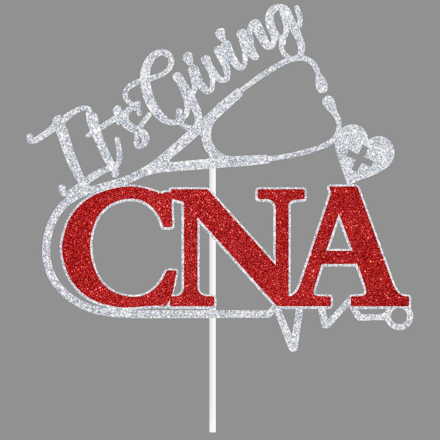 PYBHILK Red Glitter It\'s Giving CNA Cake Topper, CNA Class of 2024/Congrats Nurse/Congrats CNA, 2024 CNA Graduation Party Decorations Supplies