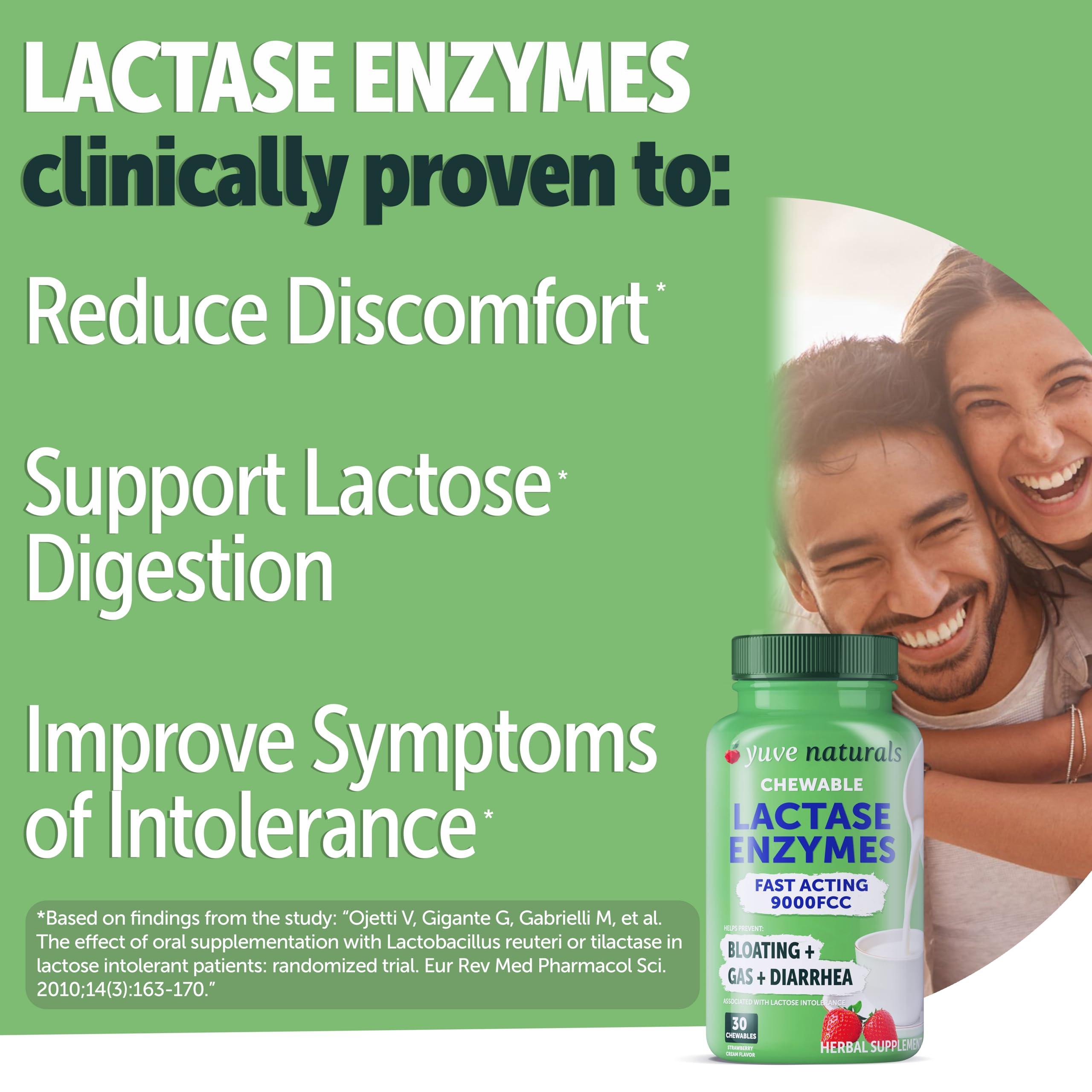 Yuve Fast Acting Dairy Relief Chewables - Natural Lactase Enzyme 9000 FCC - Say Goodbye to Dairy Discomfort - Dairy Pills for Lactose Intolerance Pills Chewable - Delicious Strawberry Cream Flavor - 30ct